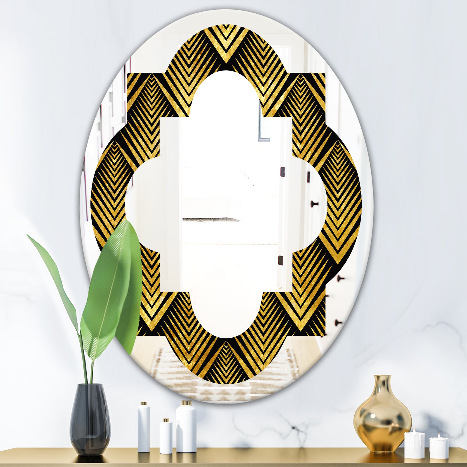 Art Deco Seal pattern - Modern Round or Oval Wall Mirror - Quatrefoil