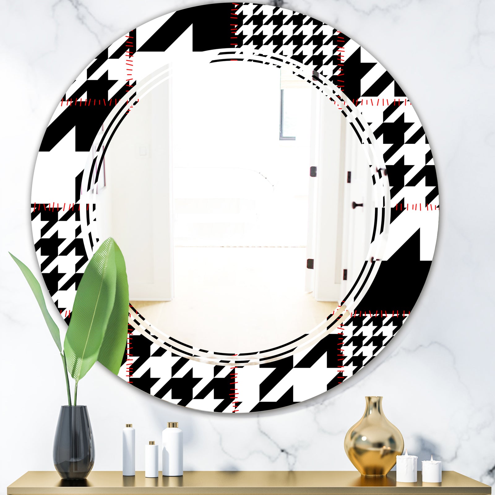 Classic Houndstooth Pattern - Modern Round or Oval Wall Mirror - Triple C