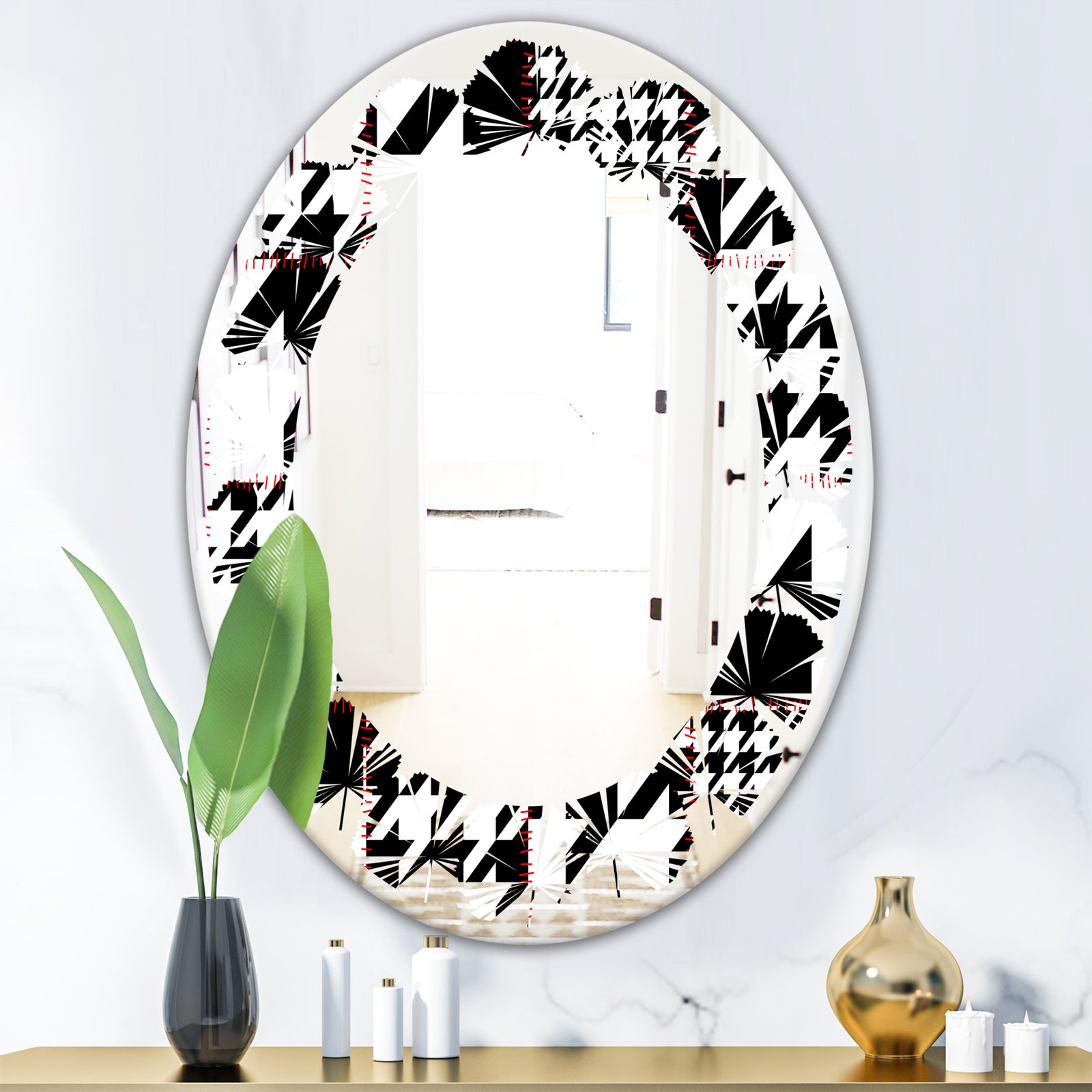 Classic Houndstooth Pattern - Modern Round or Oval Wall Mirror - Leaves