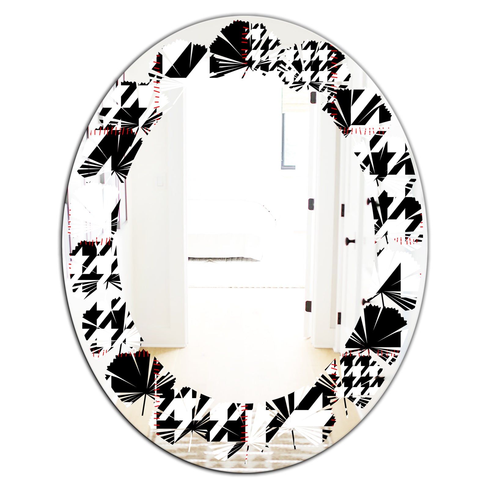 Classic Houndstooth Pattern - Modern Round or Oval Wall Mirror - Leaves