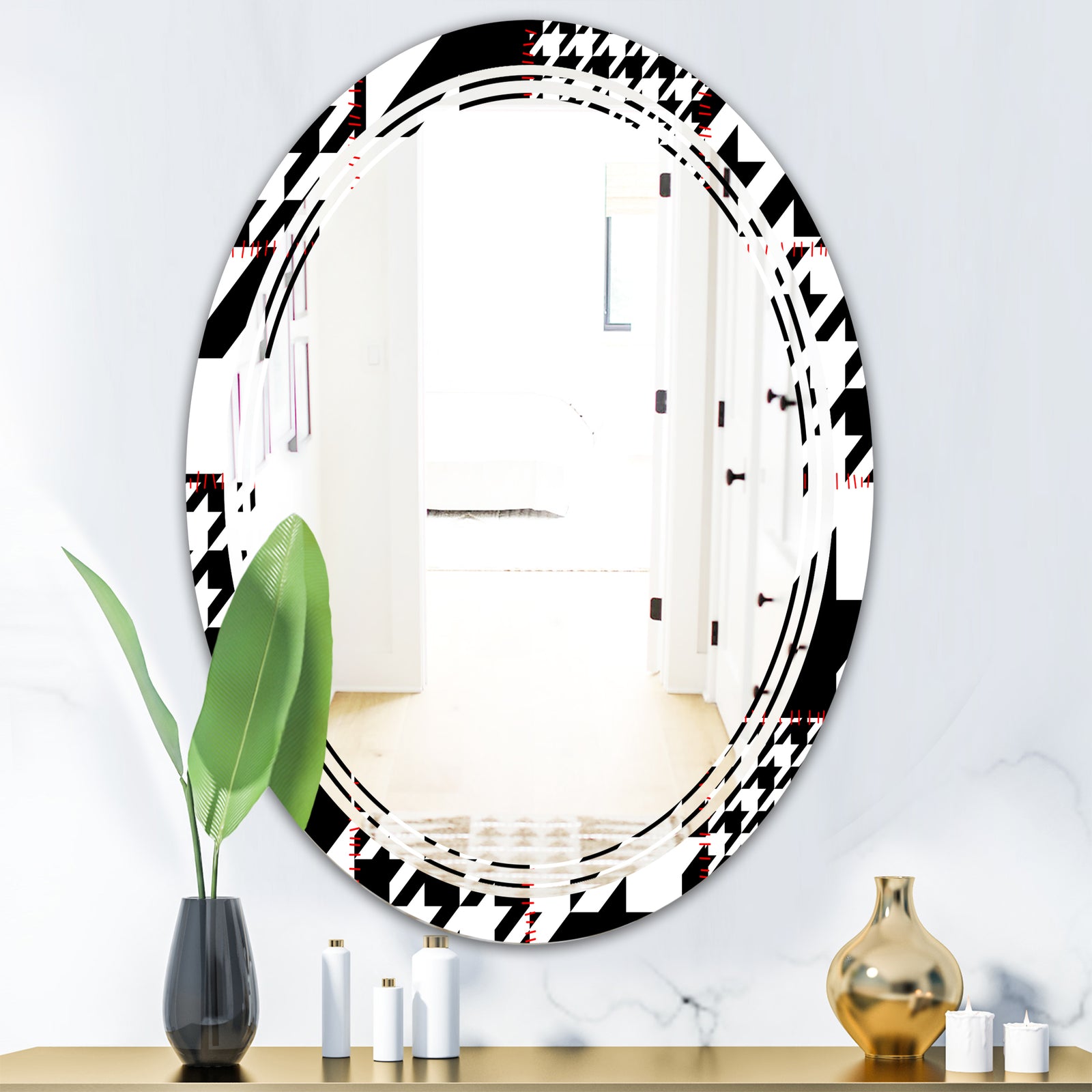Classic Houndstooth Pattern - Modern Round or Oval Wall Mirror - Triple C