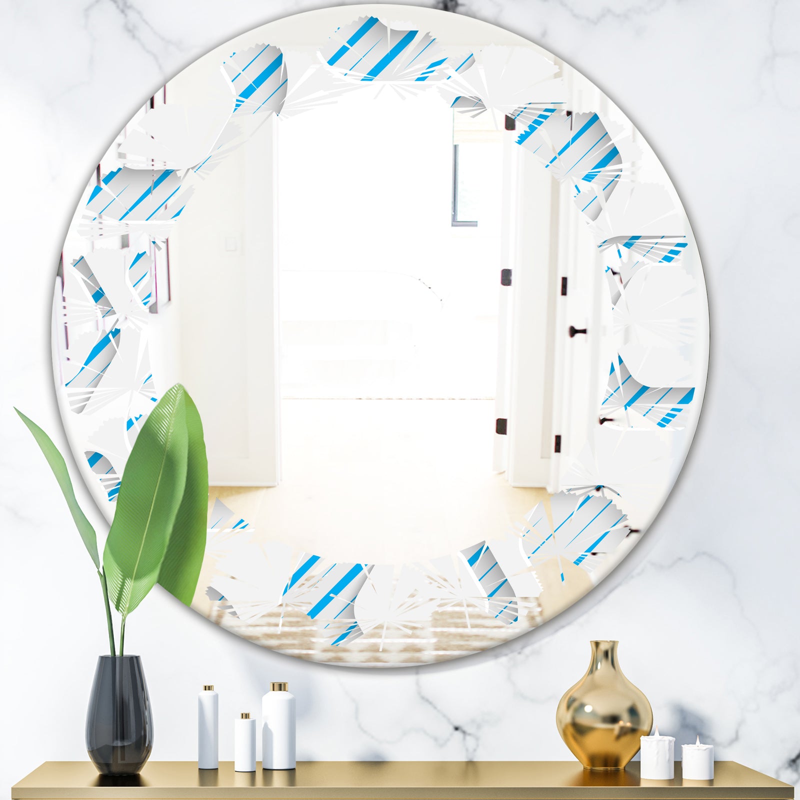 3D White and Blue Pattern IV - Modern Round or Oval Wall Mirror - Leaves