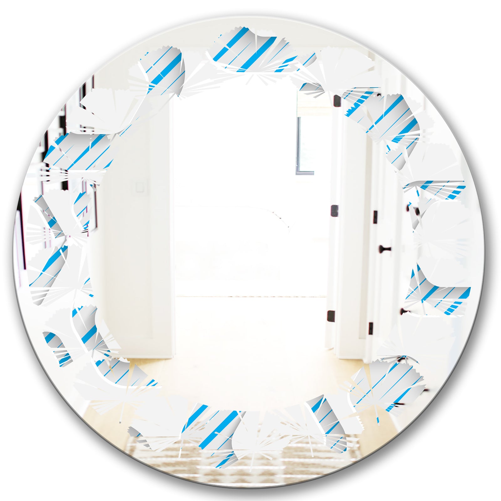 3D White and Blue Pattern IV - Modern Round or Oval Wall Mirror - Leaves