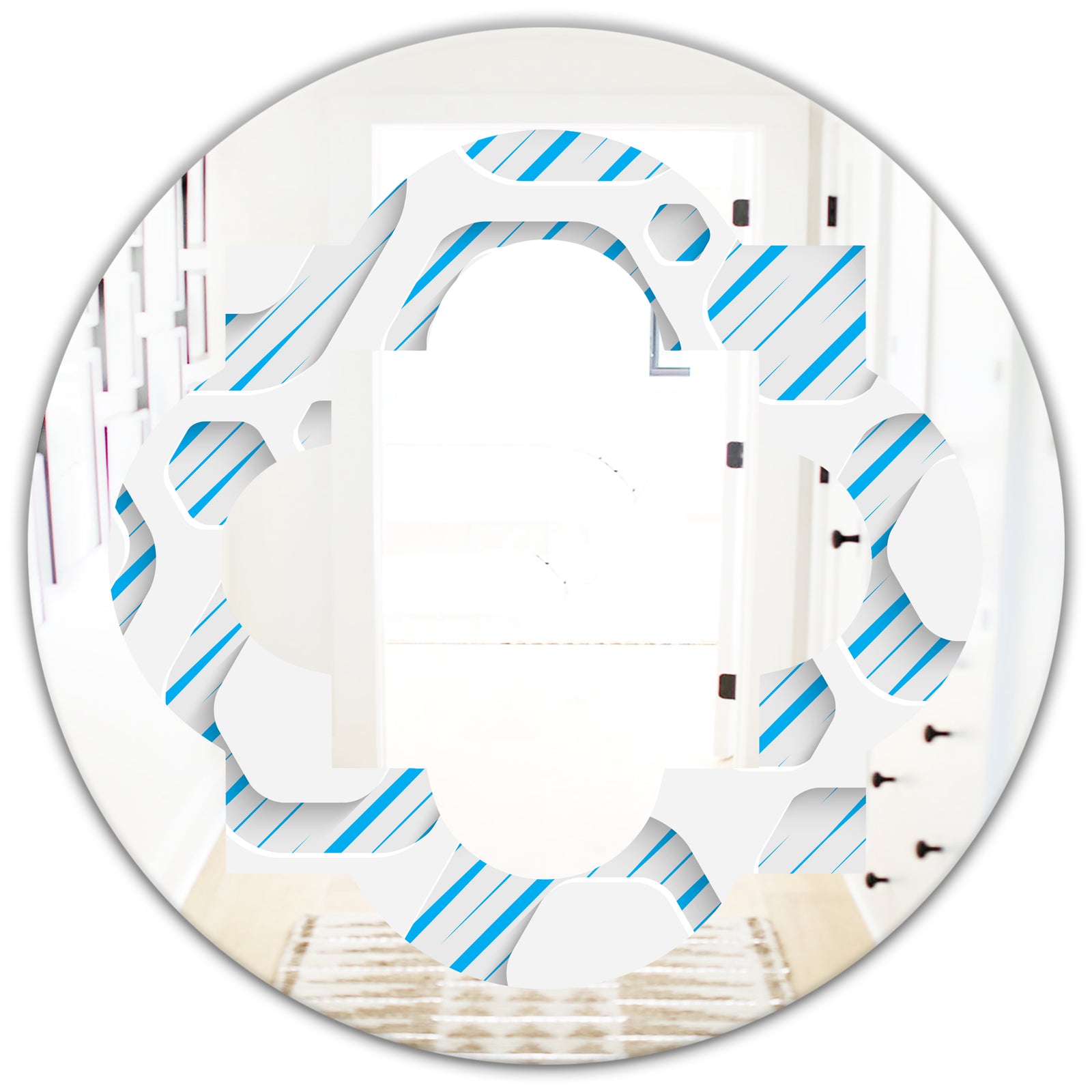 3D White and Blue Pattern IV - Modern Round or Oval Wall Mirror - Quatrefoil