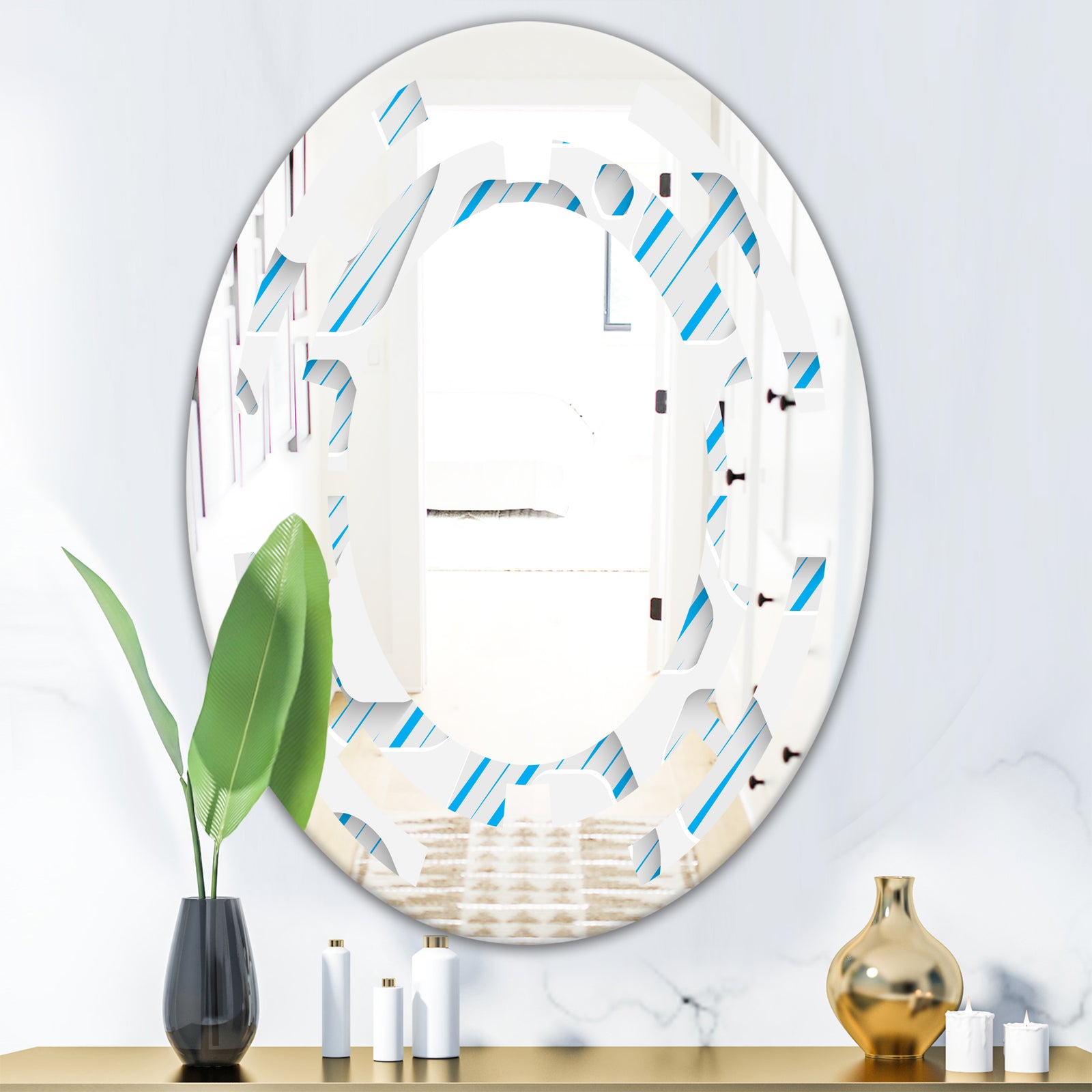 3D White and Blue Pattern IV - Modern Round or Oval Wall Mirror - Space