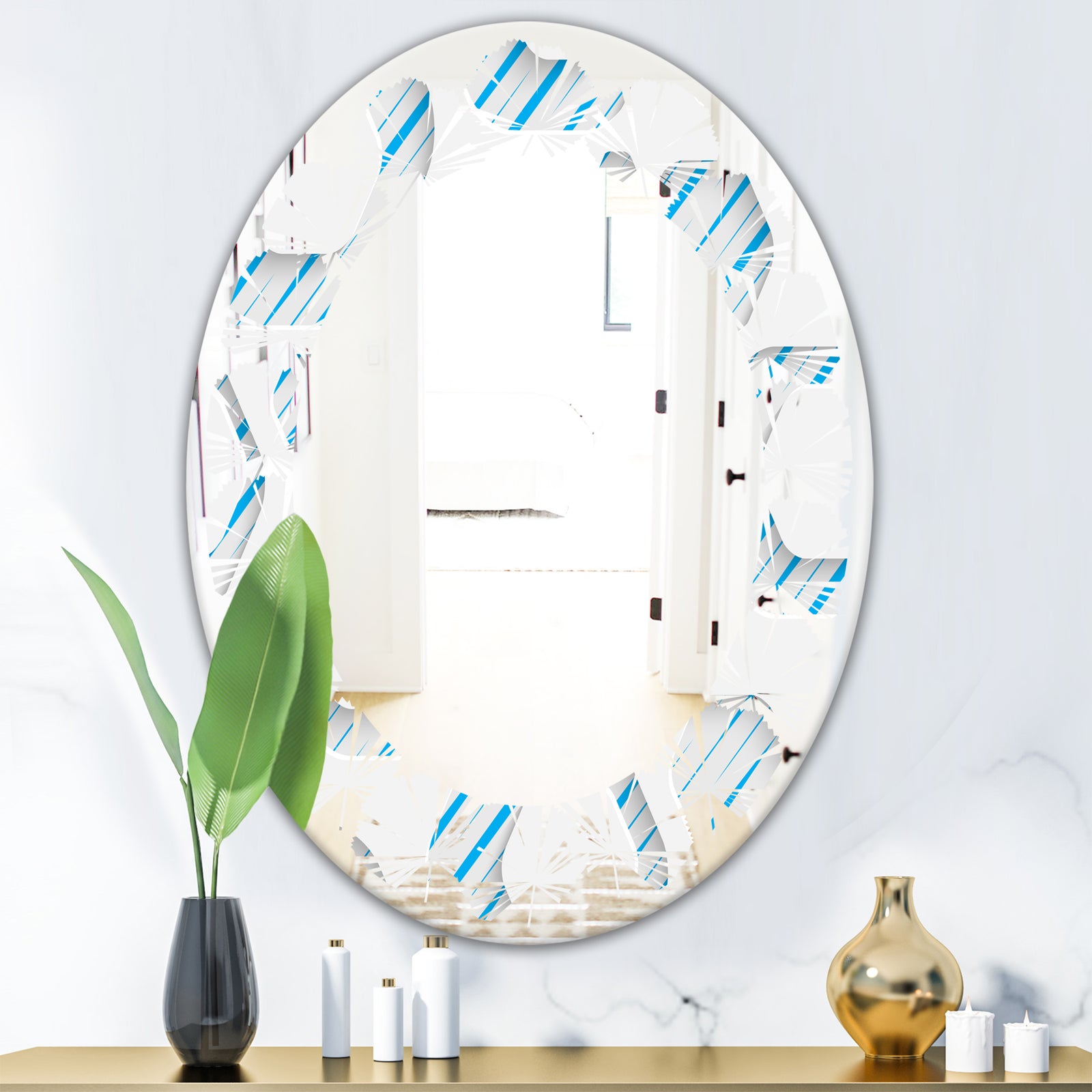 3D White and Blue Pattern IV - Modern Round or Oval Wall Mirror - Leaves