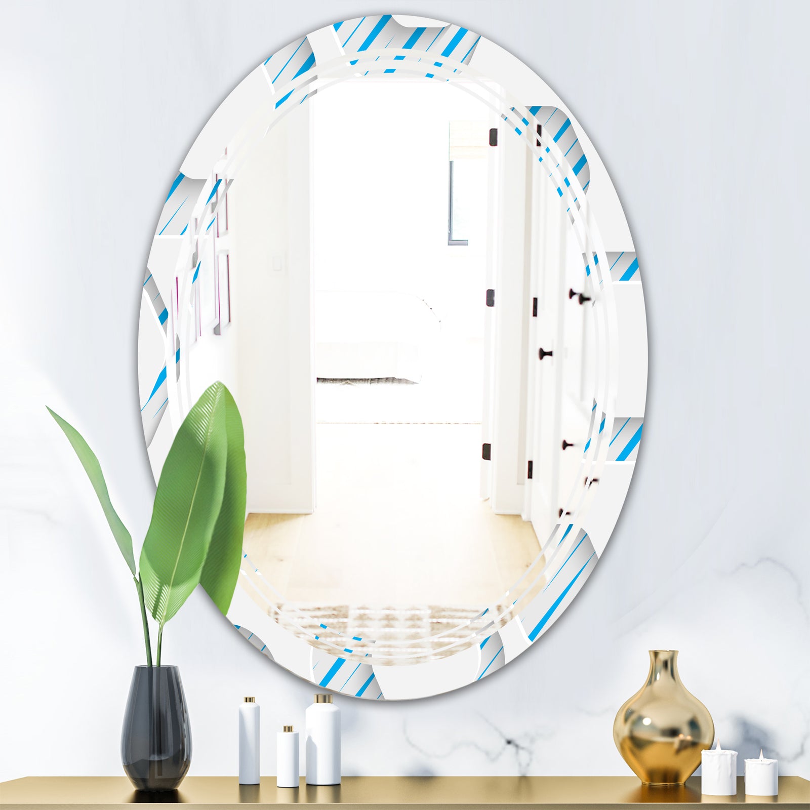 3D White and Blue Pattern IV - Modern Round or Oval Wall Mirror - Triple C