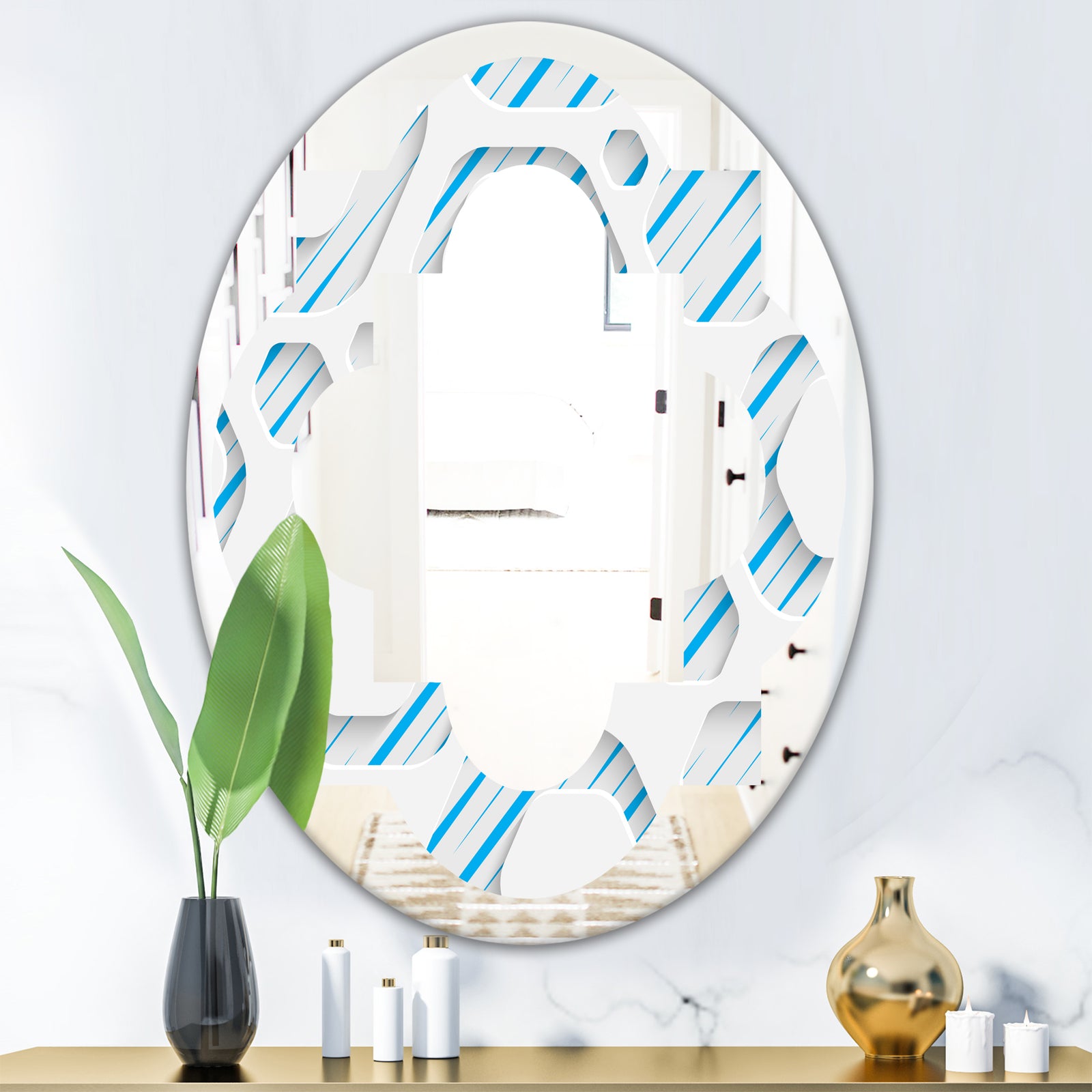 3D White and Blue Pattern IV - Modern Round or Oval Wall Mirror - Quatrefoil