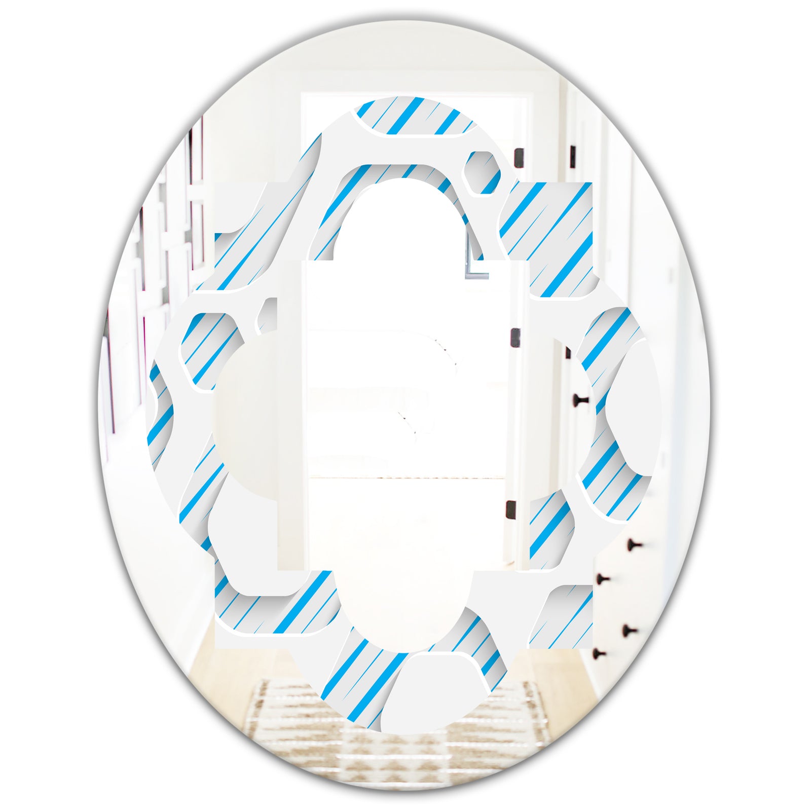 3D White and Blue Pattern IV - Modern Round or Oval Wall Mirror - Quatrefoil