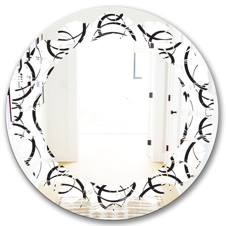 Retro Geometrical Abstract Minimal Pattern VI - Modern Round or Oval Wall Mirror - Leaves