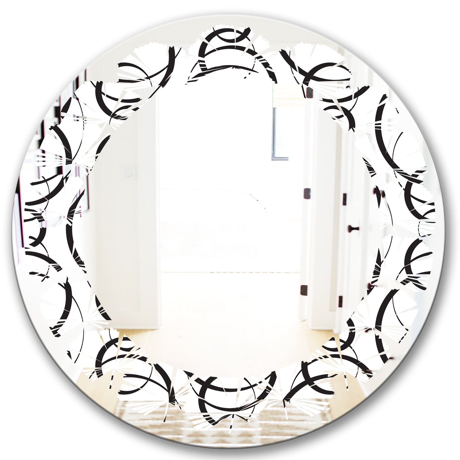 Retro Geometrical Abstract Minimal Pattern VI - Modern Round or Oval Wall Mirror - Leaves