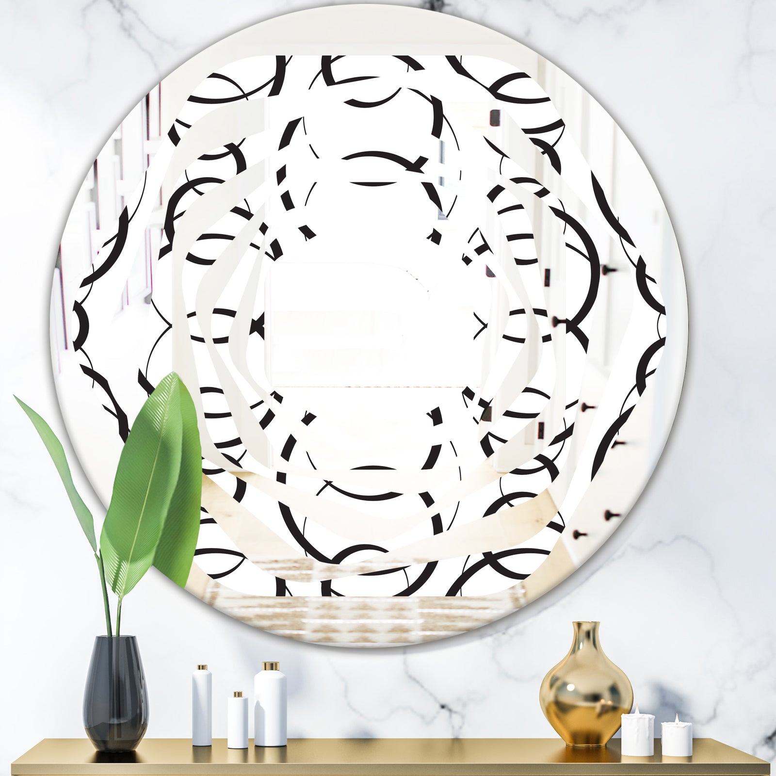 Retro Geometrical Abstract Minimal Pattern VI - Modern Round or Oval Wall Mirror - Whirl