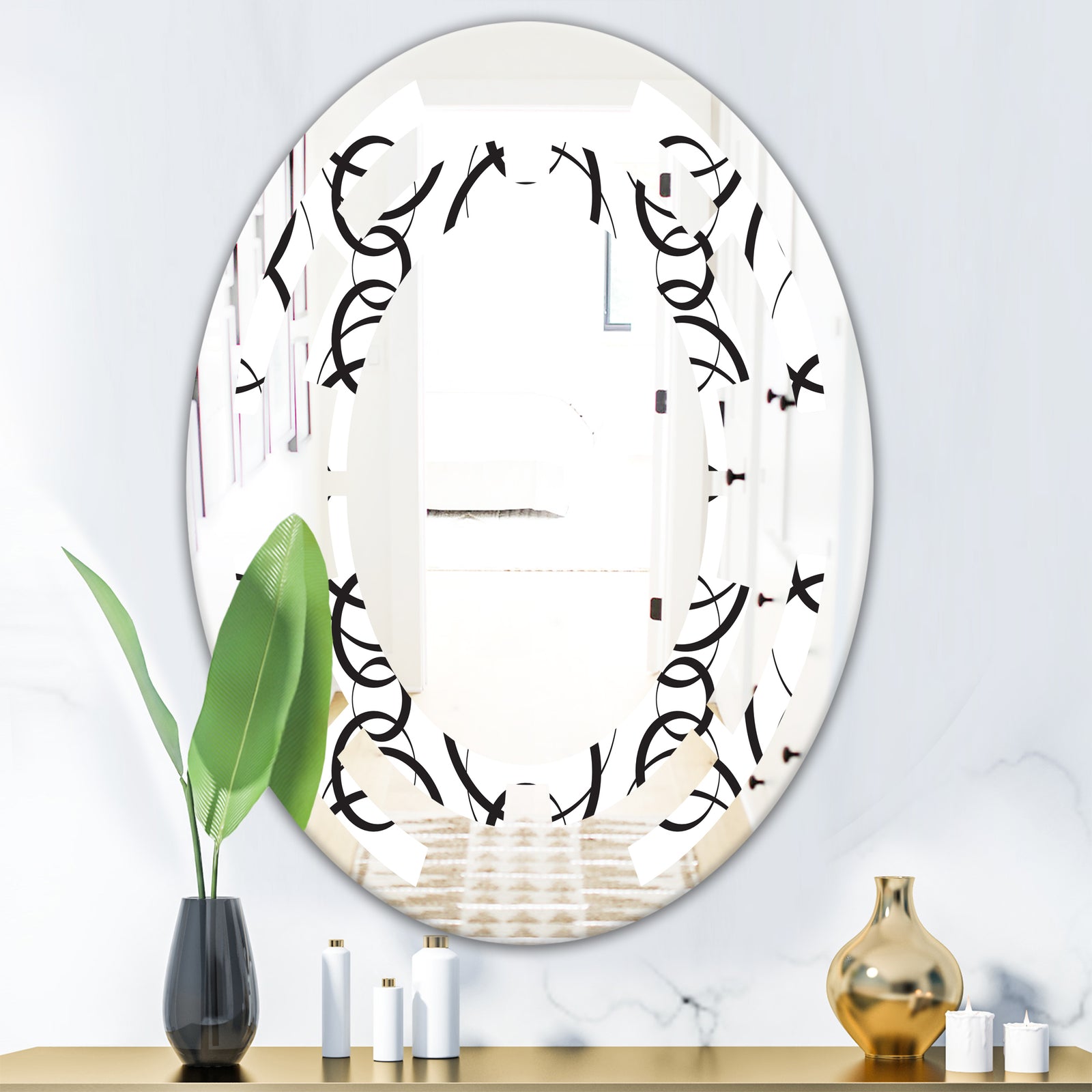 Retro Geometrical Abstract Minimal Pattern VI - Modern Round or Oval Wall Mirror - Space