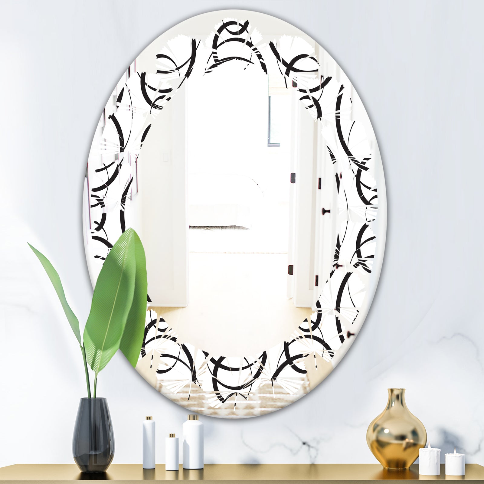 Retro Geometrical Abstract Minimal Pattern VI - Modern Round or Oval Wall Mirror - Leaves