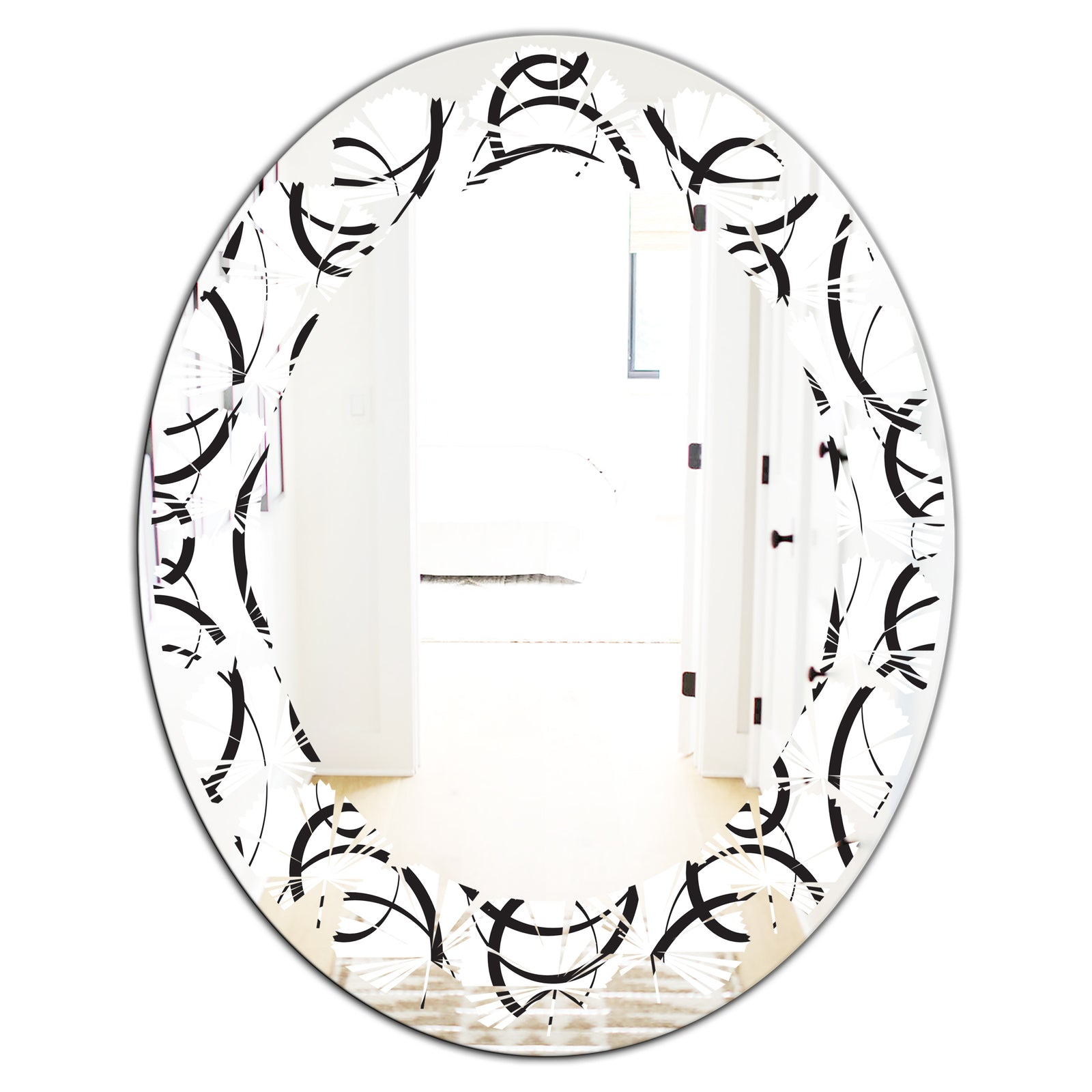 Retro Geometrical Abstract Minimal Pattern VI - Modern Round or Oval Wall Mirror - Leaves