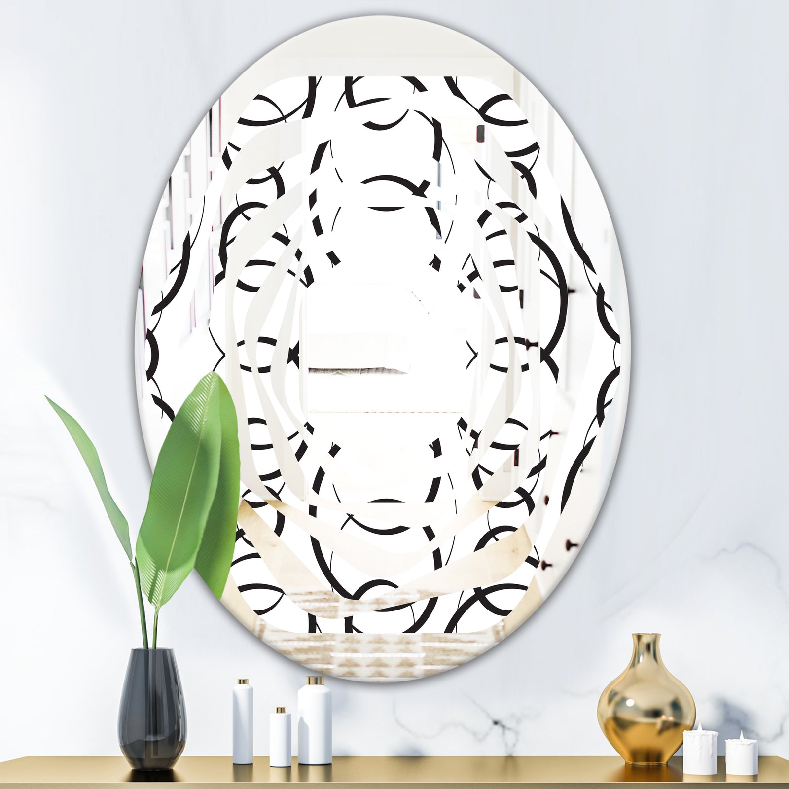 Retro Geometrical Abstract Minimal Pattern VI - Modern Round or Oval Wall Mirror - Whirl