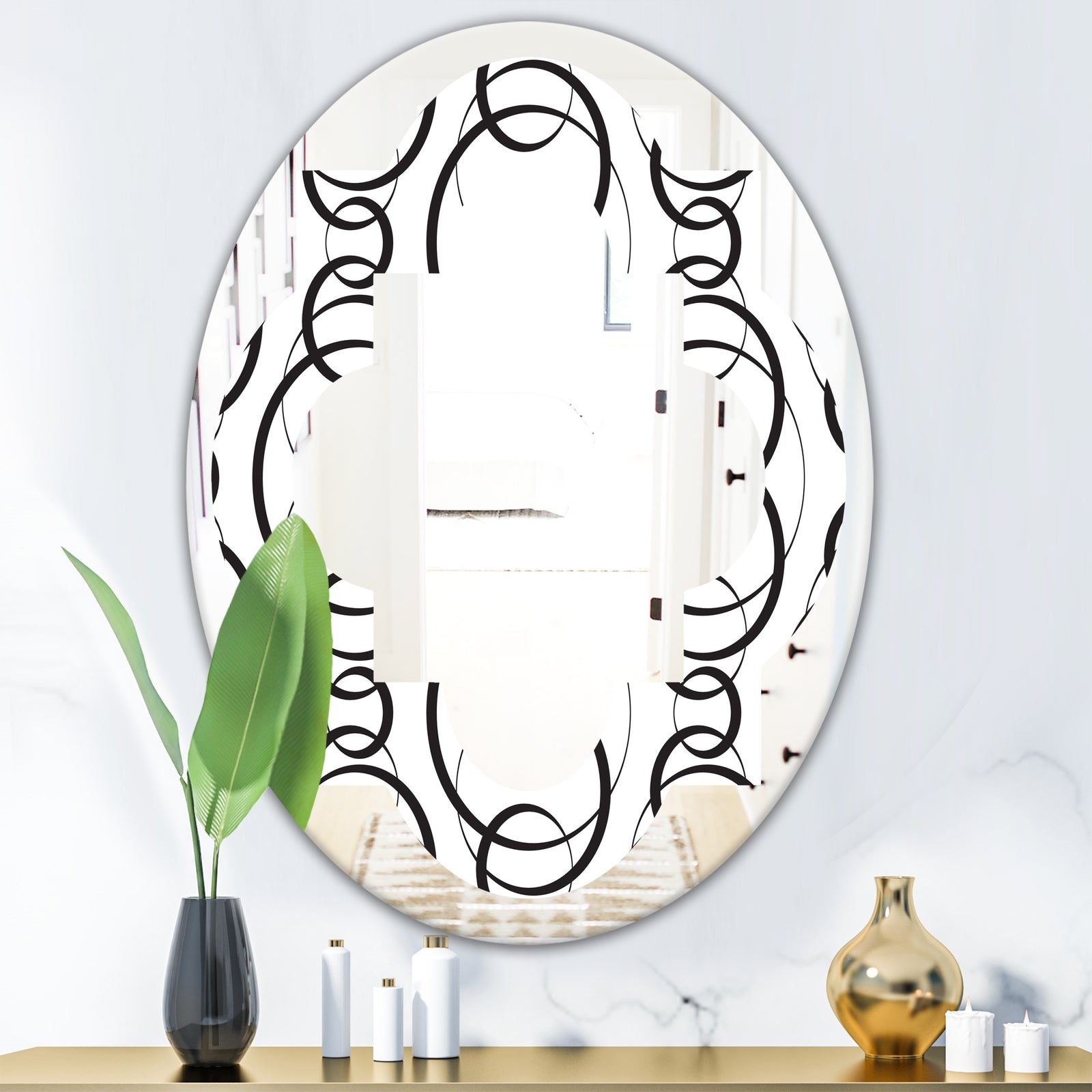 Retro Geometrical Abstract Minimal Pattern VI - Modern Round or Oval Wall Mirror - Quatrefoil