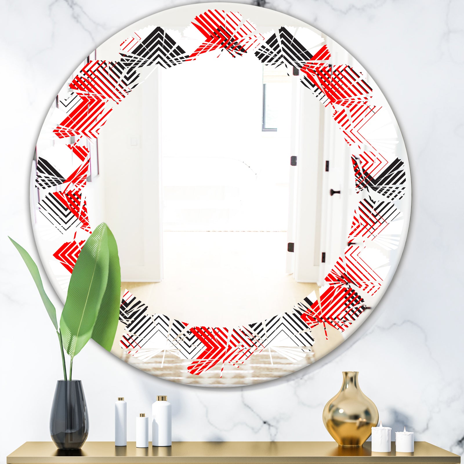 Retro Geometrical Abstract Minimal Pattern VIII - Modern Round or Oval Wall Mirror - Leaves