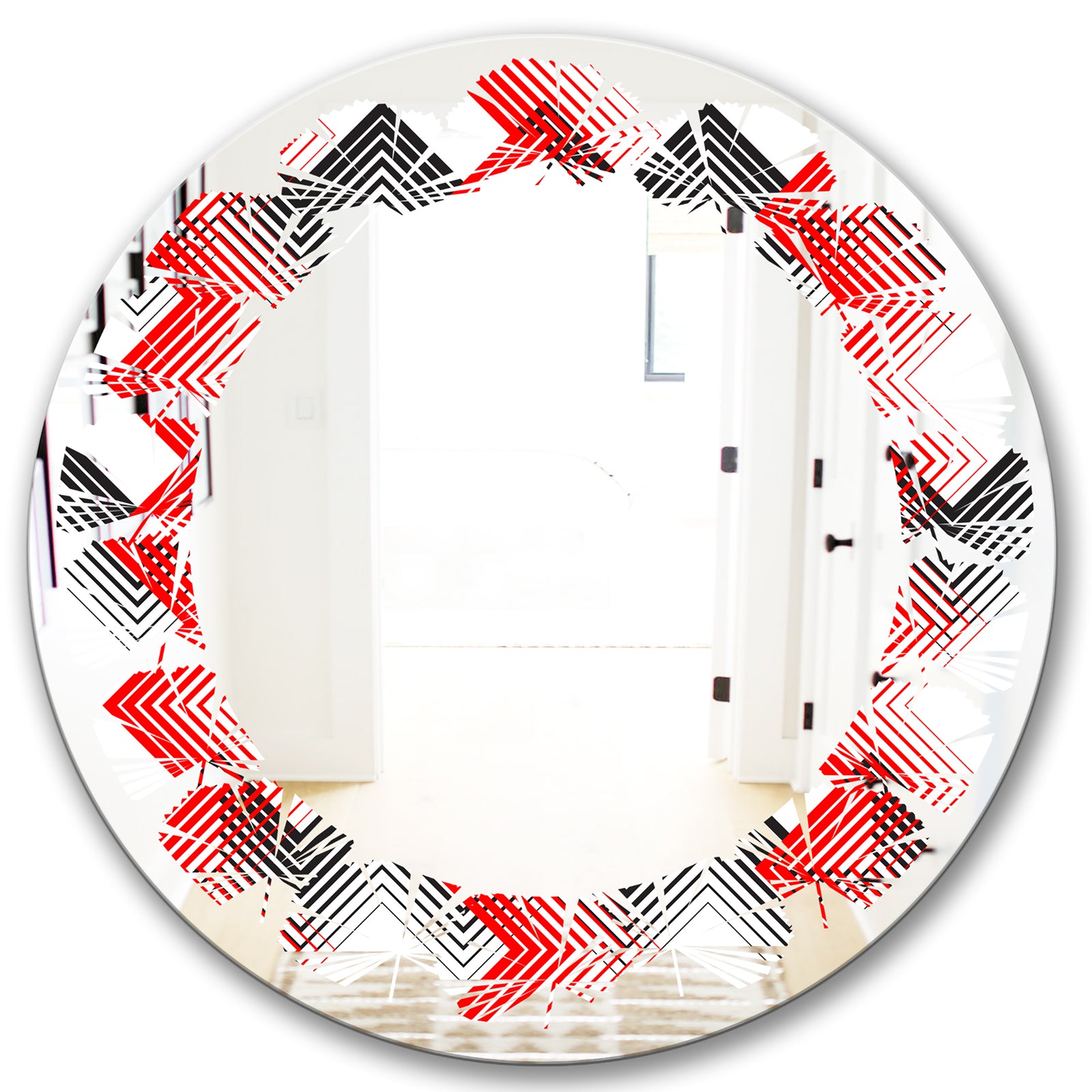 Retro Geometrical Abstract Minimal Pattern VIII - Modern Round or Oval Wall Mirror - Leaves