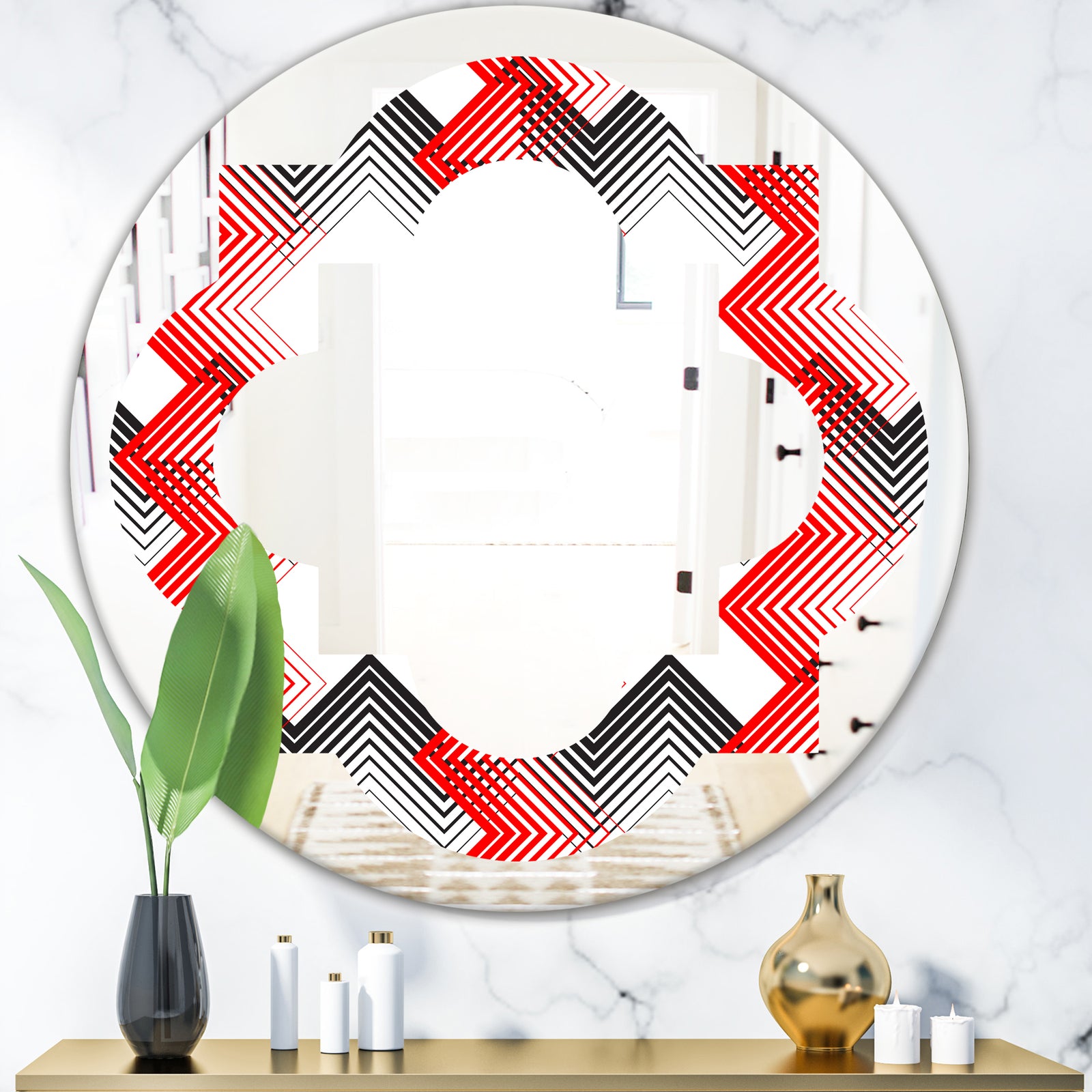 Retro Geometrical Abstract Minimal Pattern VIII - Modern Round or Oval Wall Mirror - Quatrefoil