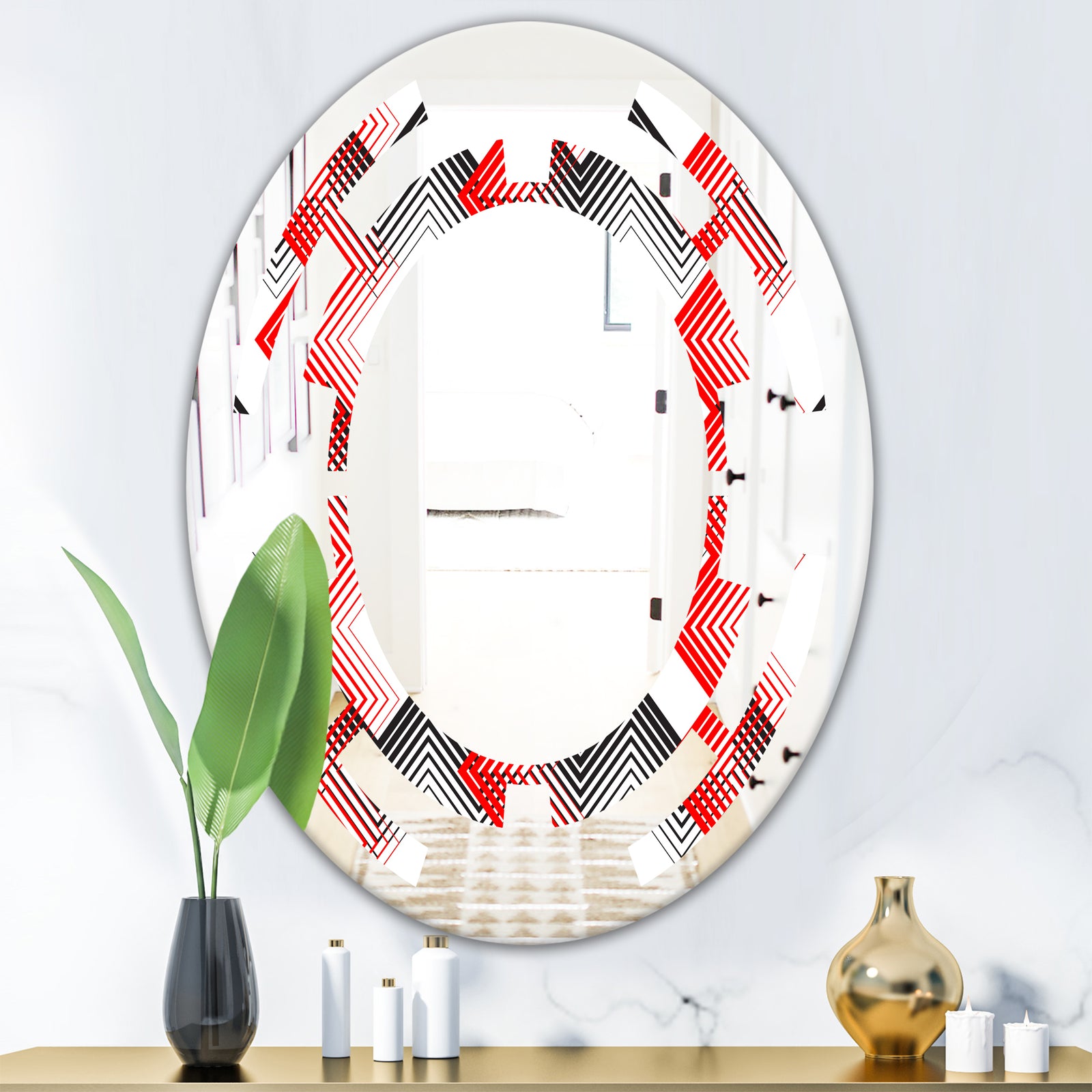 Retro Geometrical Abstract Minimal Pattern VIII - Modern Round or Oval Wall Mirror - Space