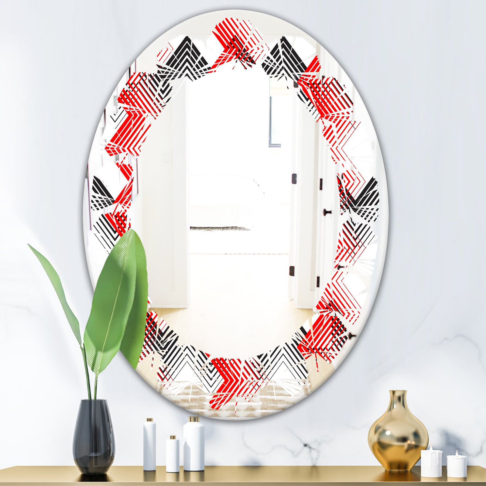 Retro Geometrical Abstract Minimal Pattern VIII - Modern Round or Oval Wall Mirror - Leaves