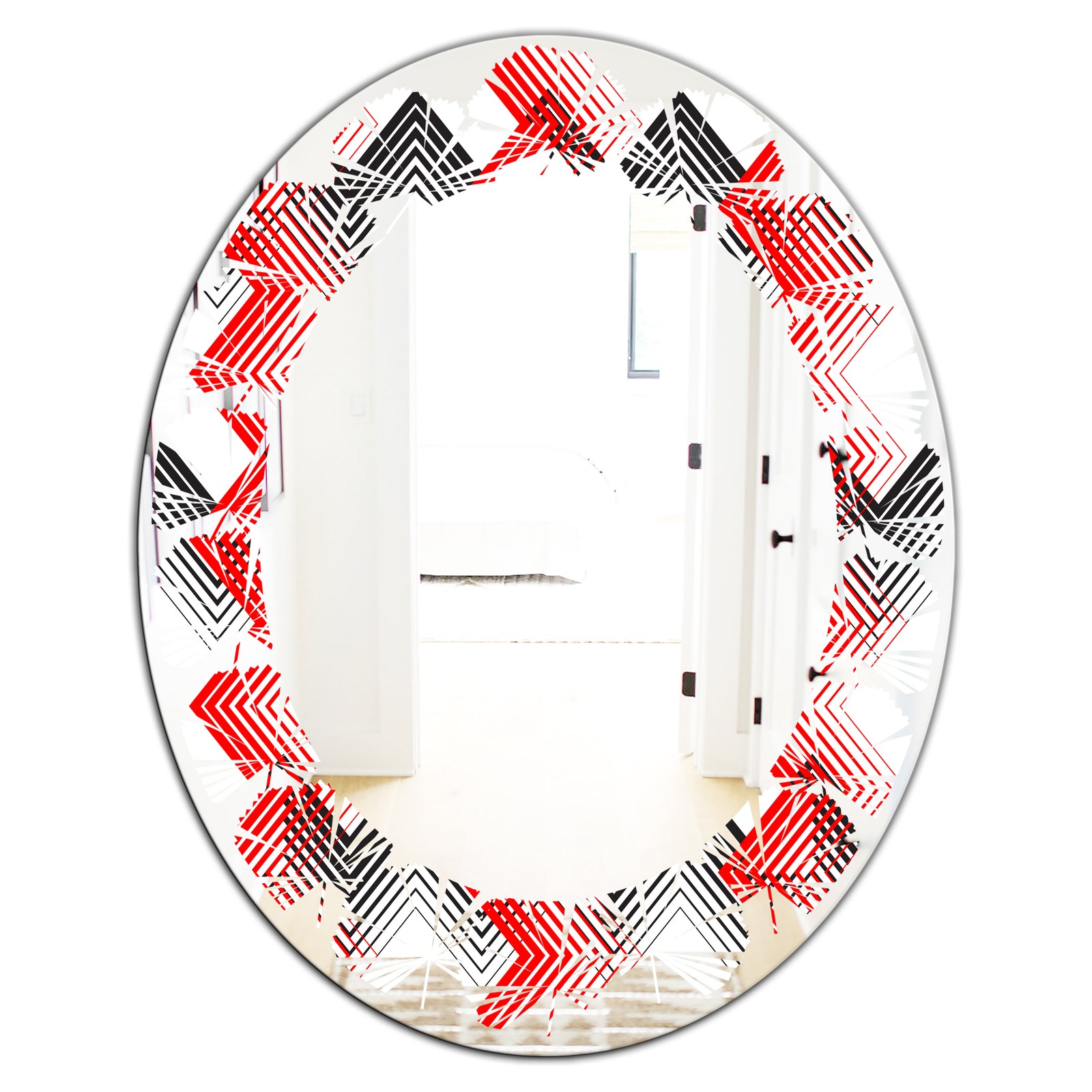 Retro Geometrical Abstract Minimal Pattern VIII - Modern Round or Oval Wall Mirror - Leaves