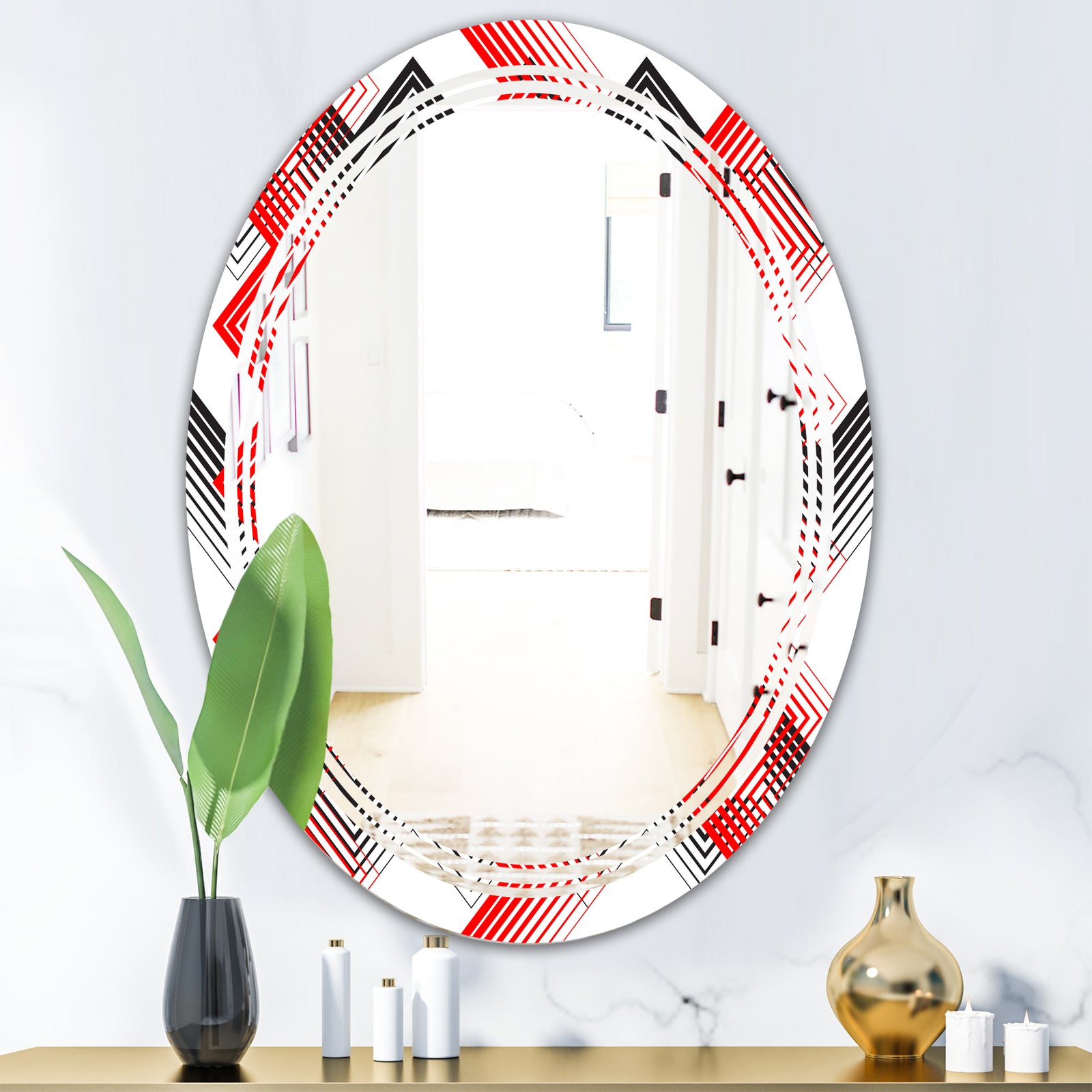 Retro Geometrical Abstract Minimal Pattern VIII - Modern Round or Oval Wall Mirror - Triple C