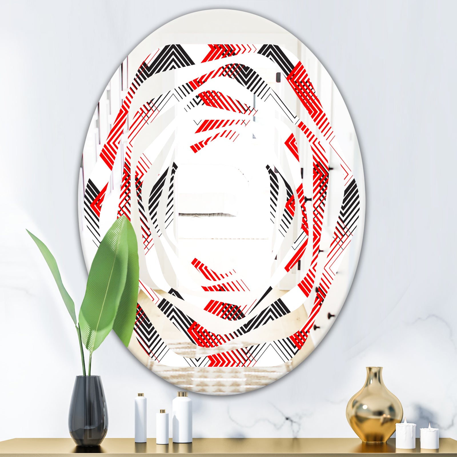 Retro Geometrical Abstract Minimal Pattern VIII - Modern Round or Oval Wall Mirror - Whirl