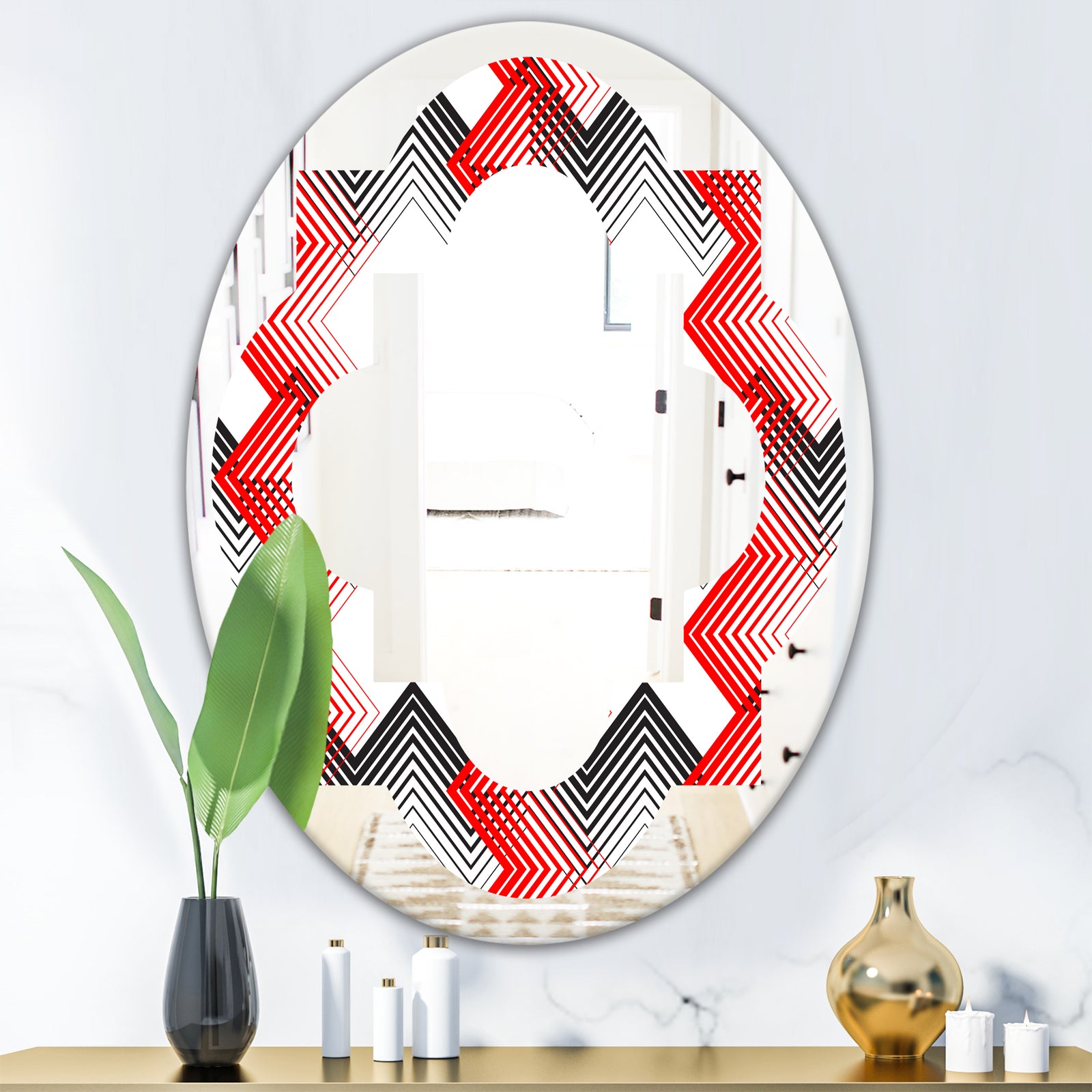 Retro Geometrical Abstract Minimal Pattern VIII - Modern Round or Oval Wall Mirror - Quatrefoil