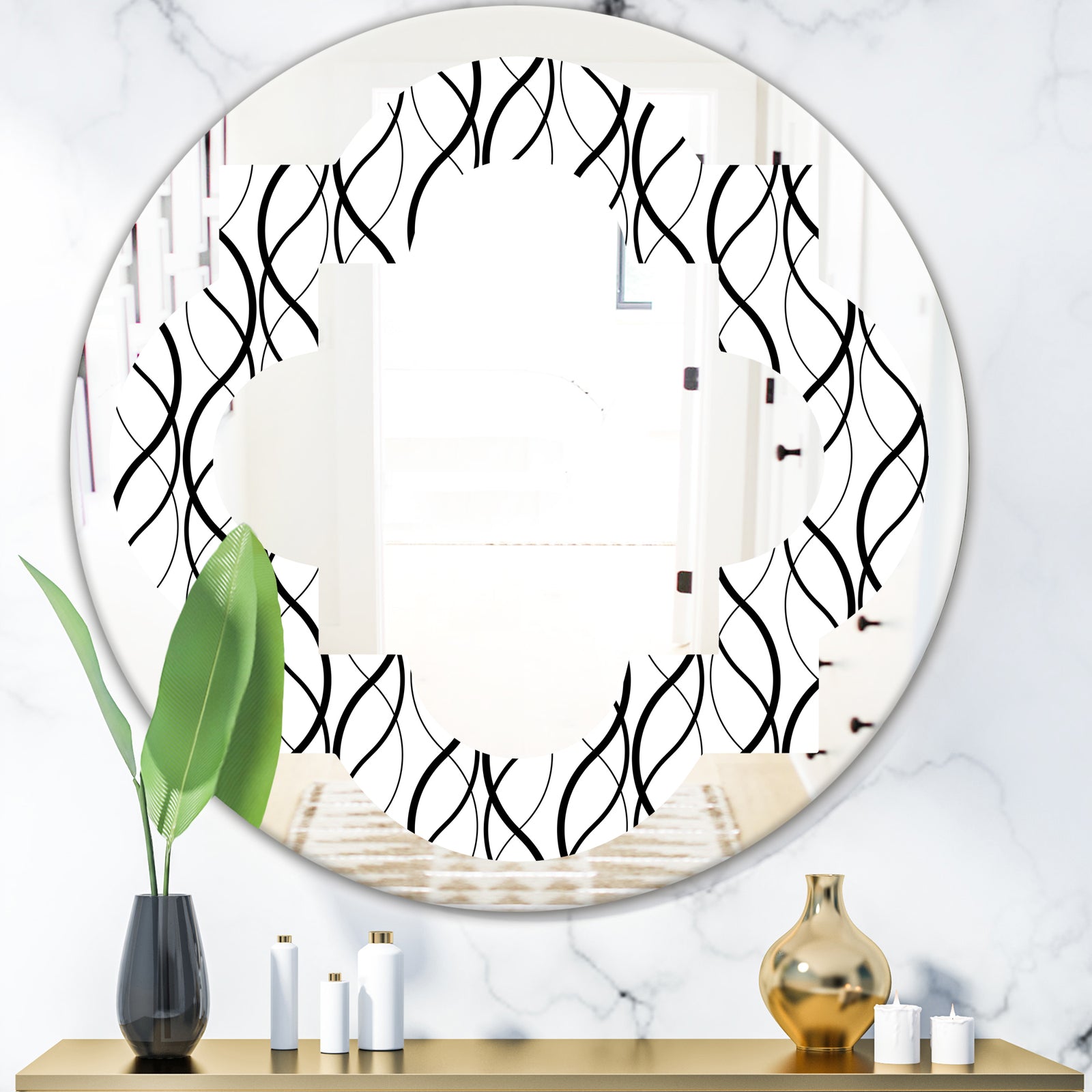 Retro Geometrical Abstract Minimal Pattern X - Modern Round or Oval Wall Mirror - Quatrefoil