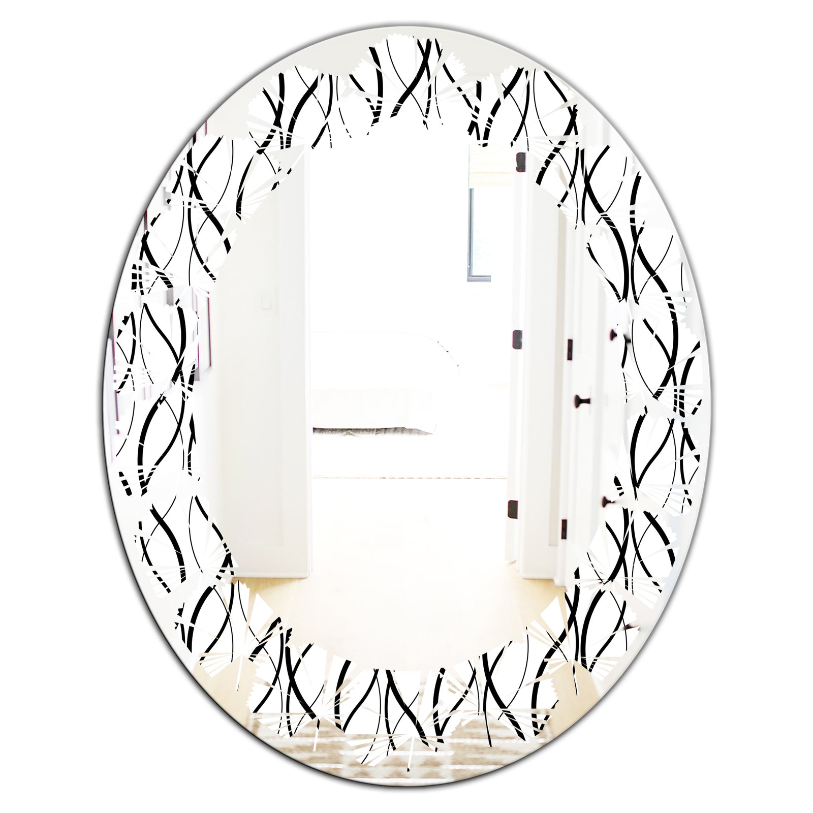 Retro Geometrical Abstract Minimal Pattern X - Modern Round or Oval Wall Mirror - Leaves