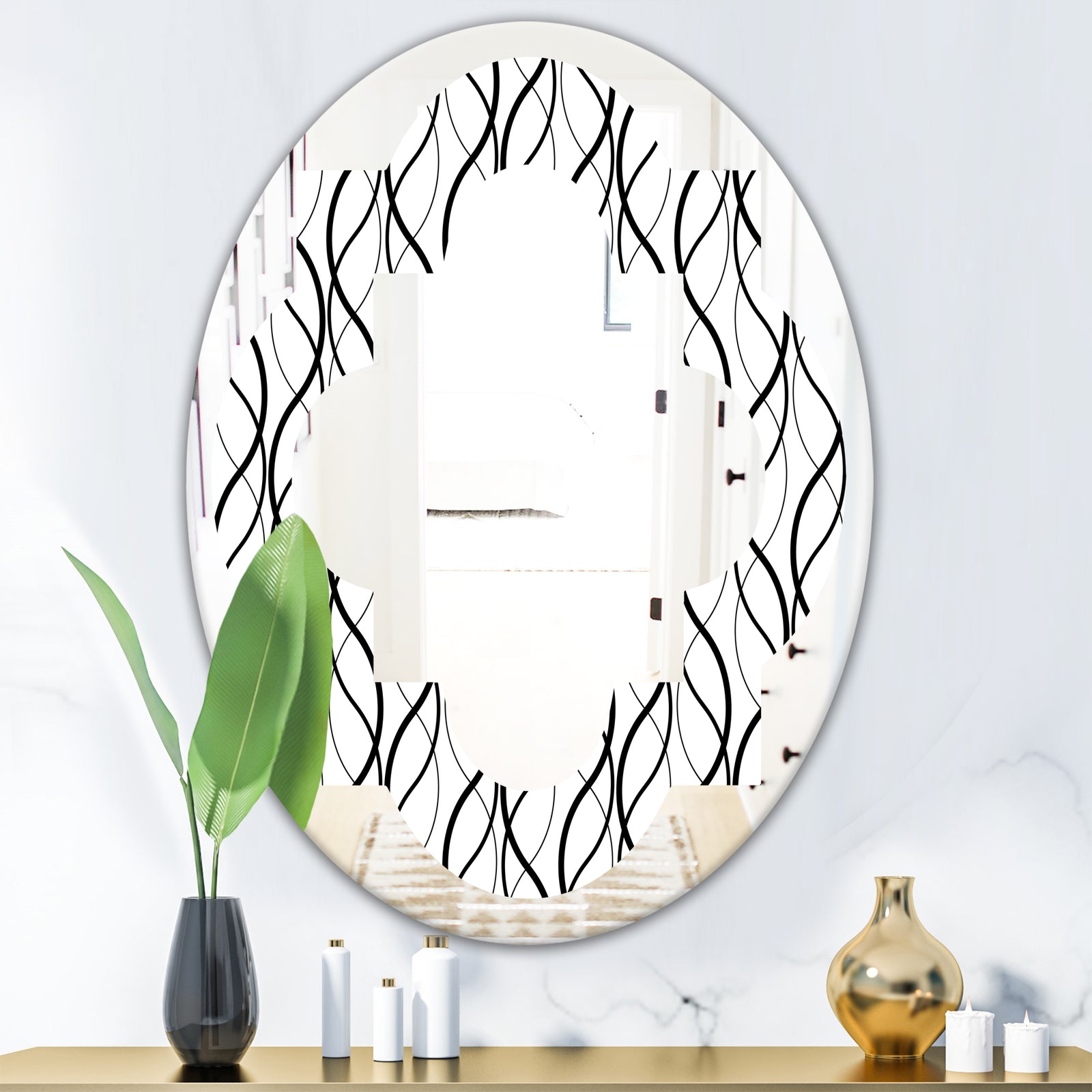 Retro Geometrical Abstract Minimal Pattern X - Modern Round or Oval Wall Mirror - Quatrefoil