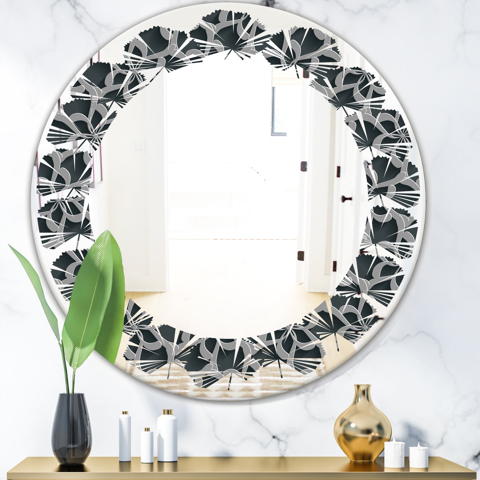 Floral 3d Pattern Background. - Modern Round or Oval Wall Mirror - Leaves