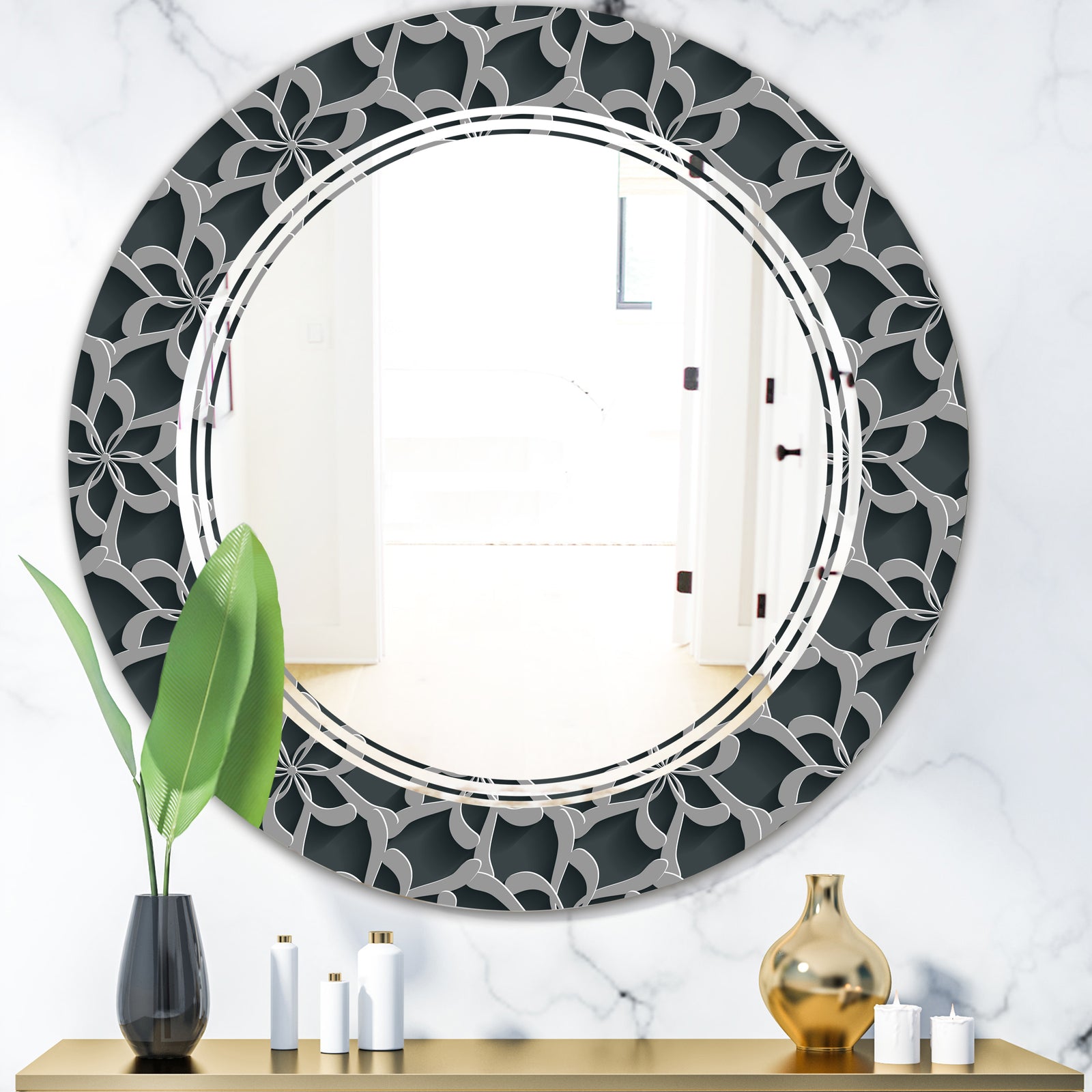 Floral 3d Pattern Background. - Modern Round or Oval Wall Mirror - Triple C
