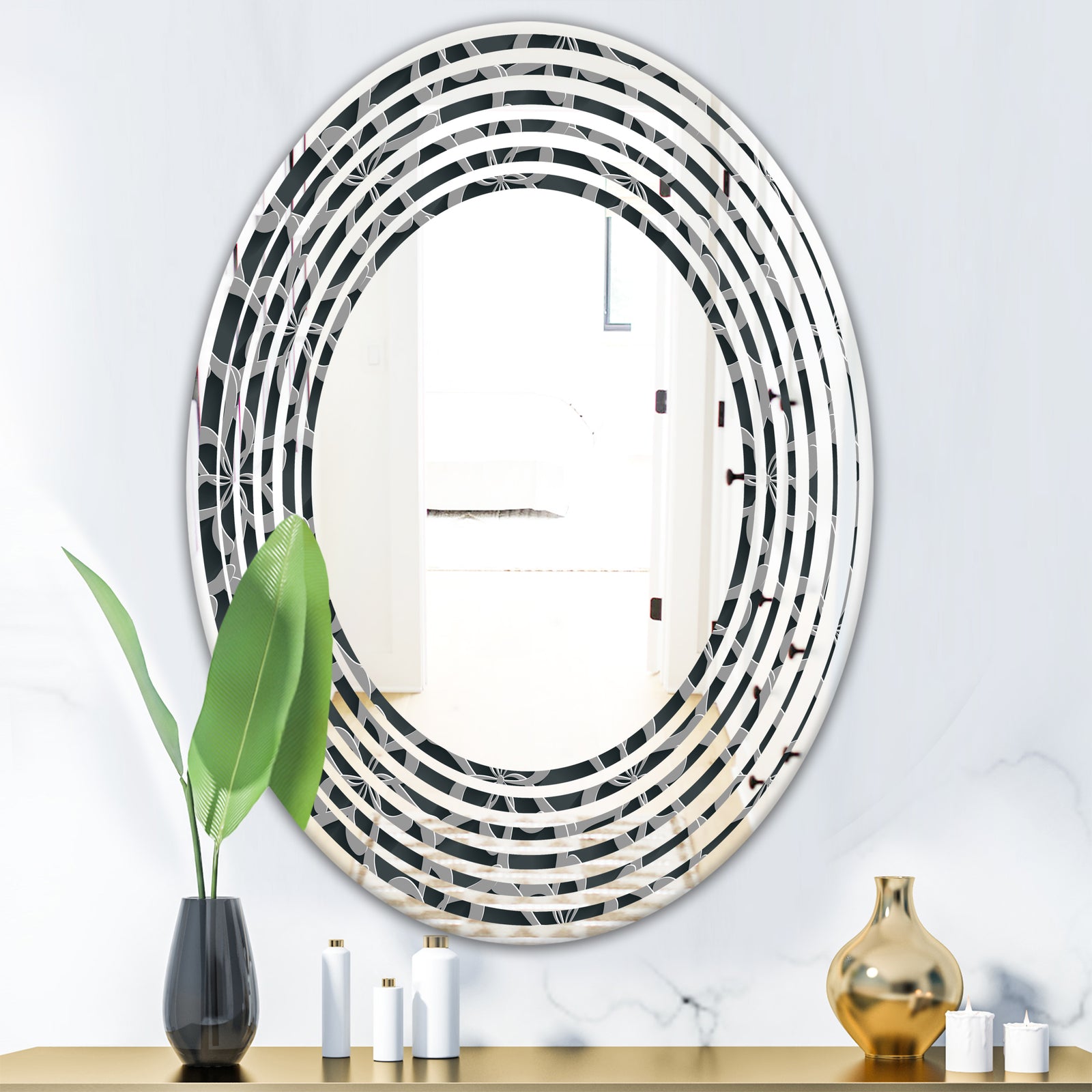 Floral 3d Pattern Background. - Modern Round or Oval Wall Mirror - Wave