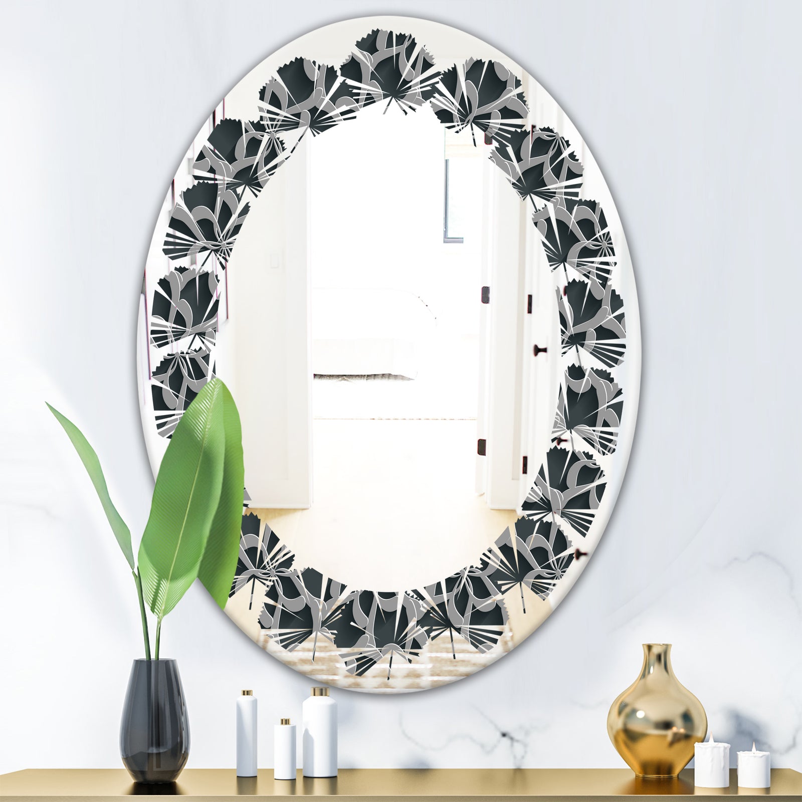 Floral 3d Pattern Background. - Modern Round or Oval Wall Mirror - Leaves