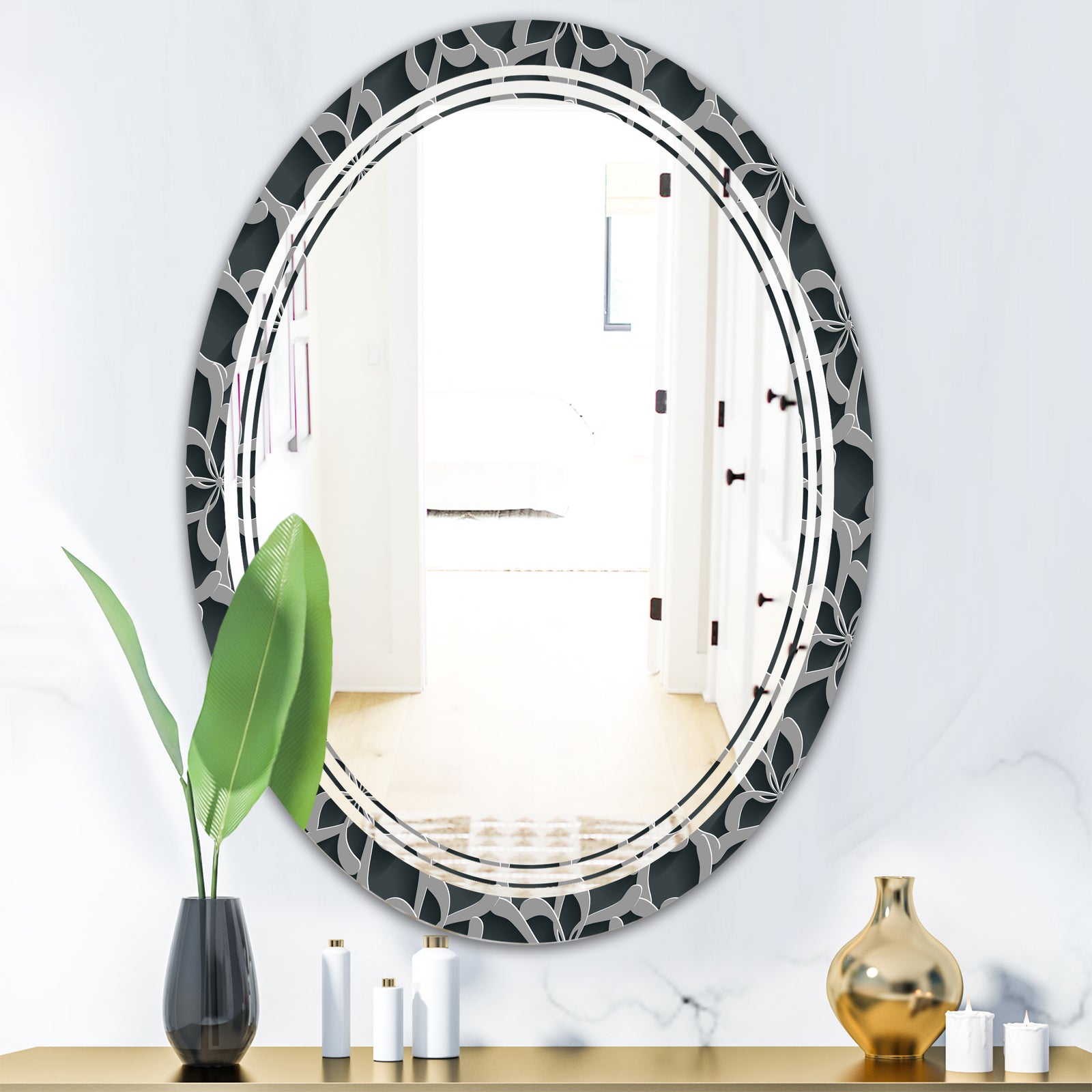 Floral 3d Pattern Background. - Modern Round or Oval Wall Mirror - Triple C