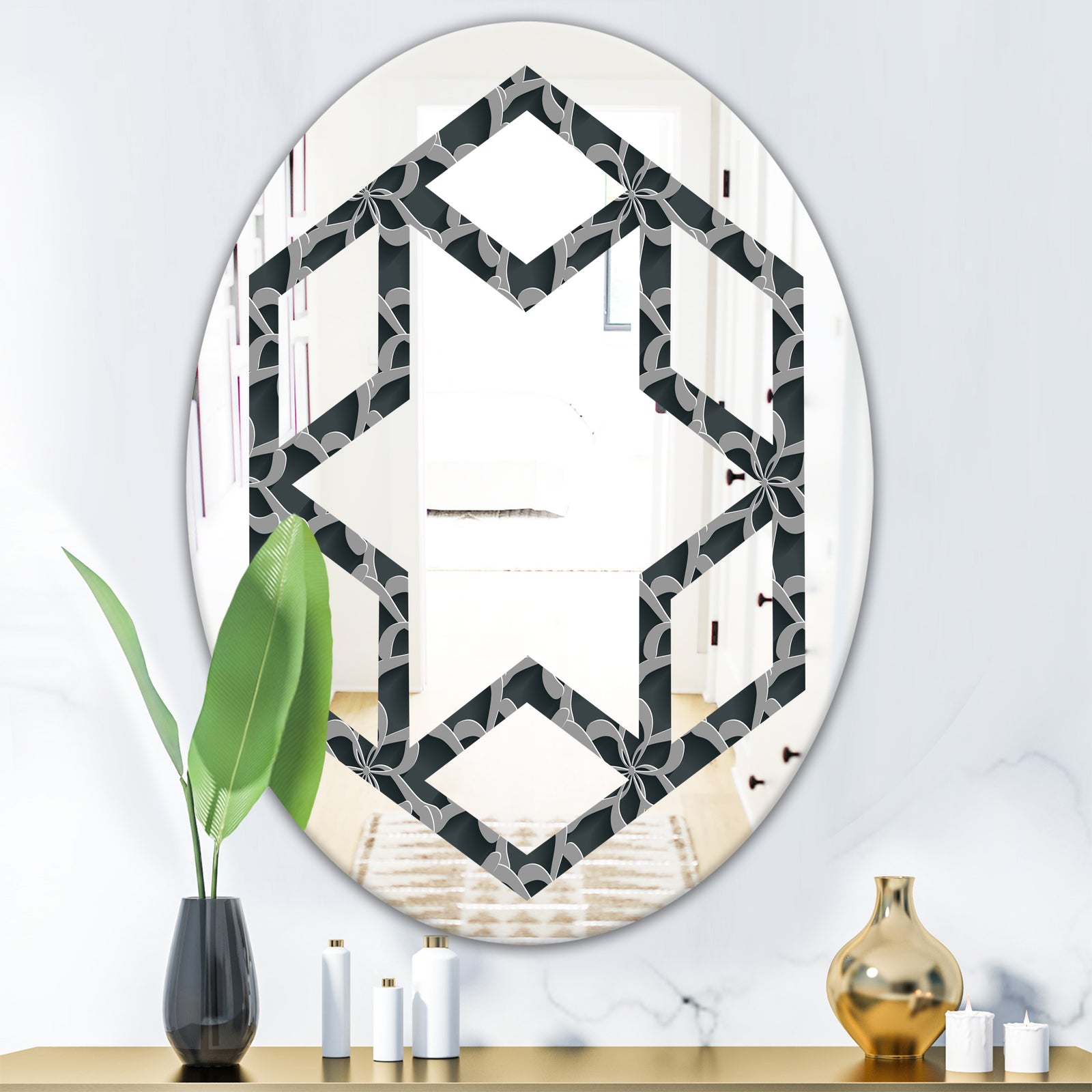 Floral 3d Pattern Background. - Modern Round or Oval Wall Mirror - Hexagon Star