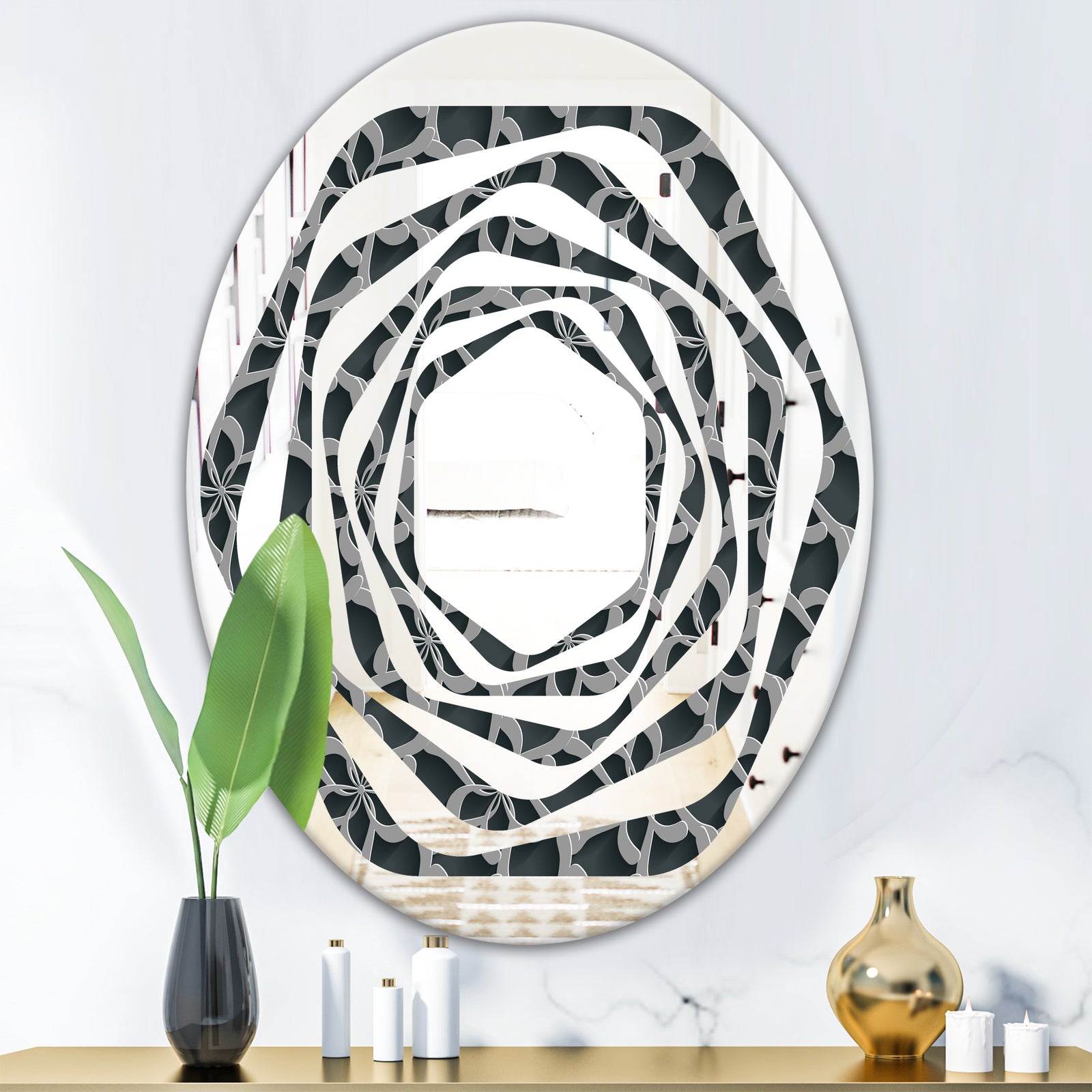 Floral 3d Pattern Background. - Modern Round or Oval Wall Mirror - Whirl