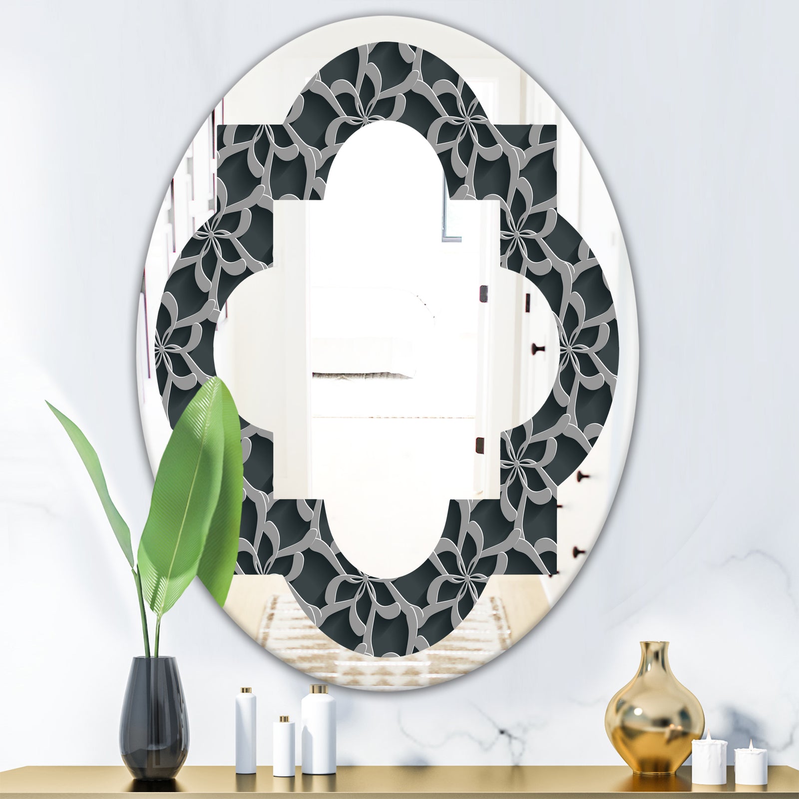 Floral 3d Pattern Background. - Modern Round or Oval Wall Mirror - Quatrefoil