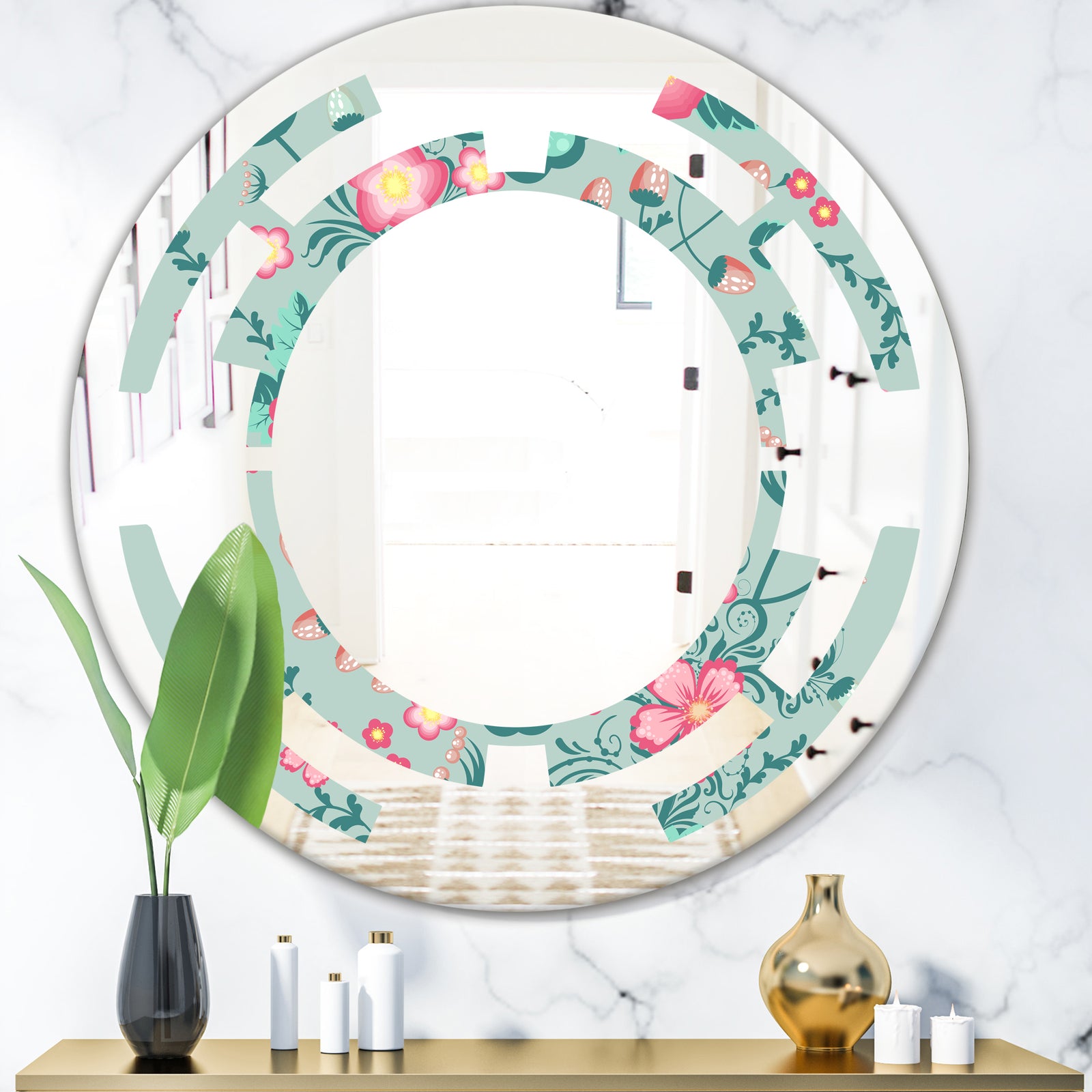 Spring floral pattern in soft pastel colors - Modern Round or Oval Wall Mirror - Space