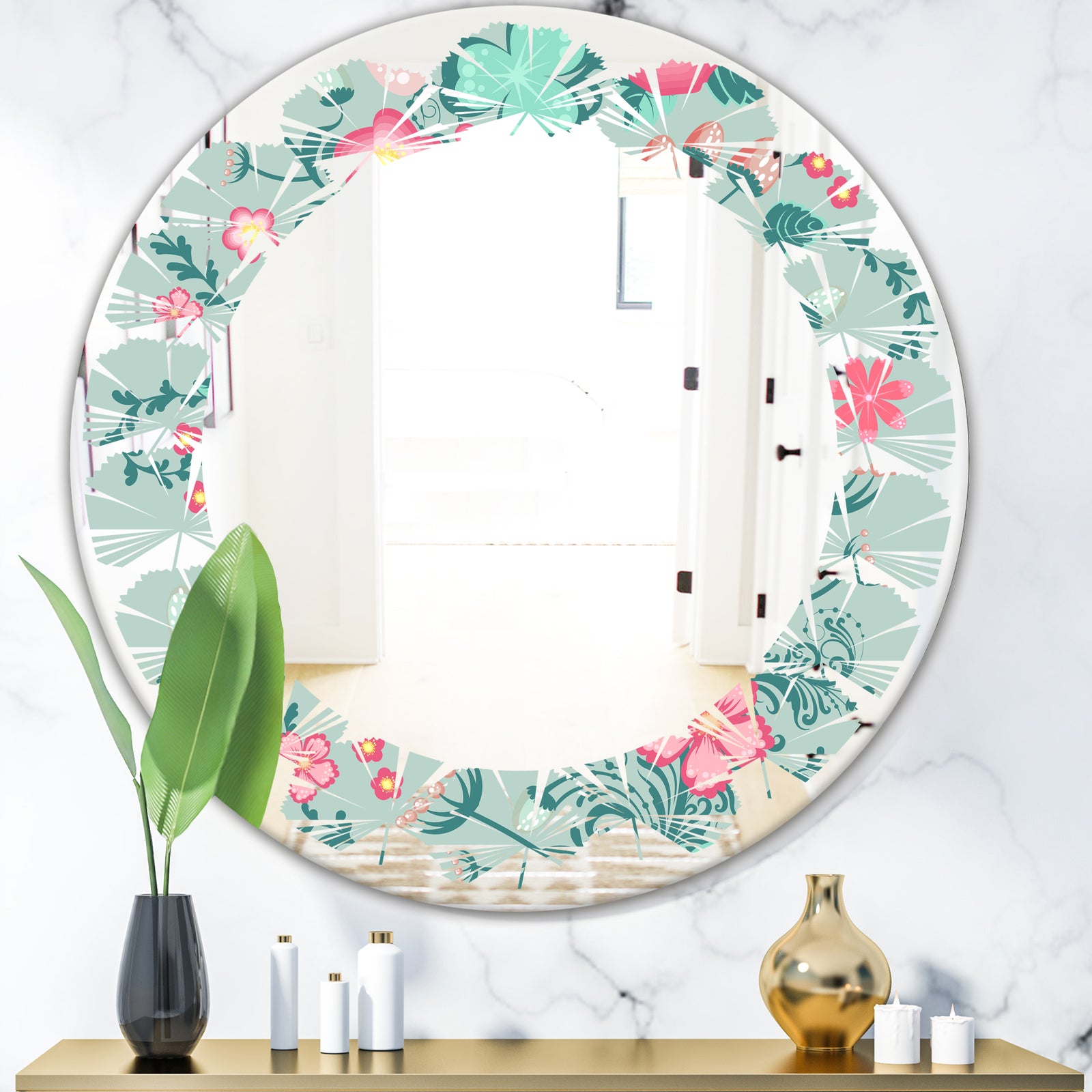 Spring floral pattern in soft pastel colors - Modern Round or Oval Wall Mirror - Leaves