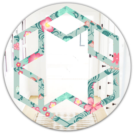 Spring floral pattern in soft pastel colors - Modern Round or Oval Wall Mirror - Hexagon Star