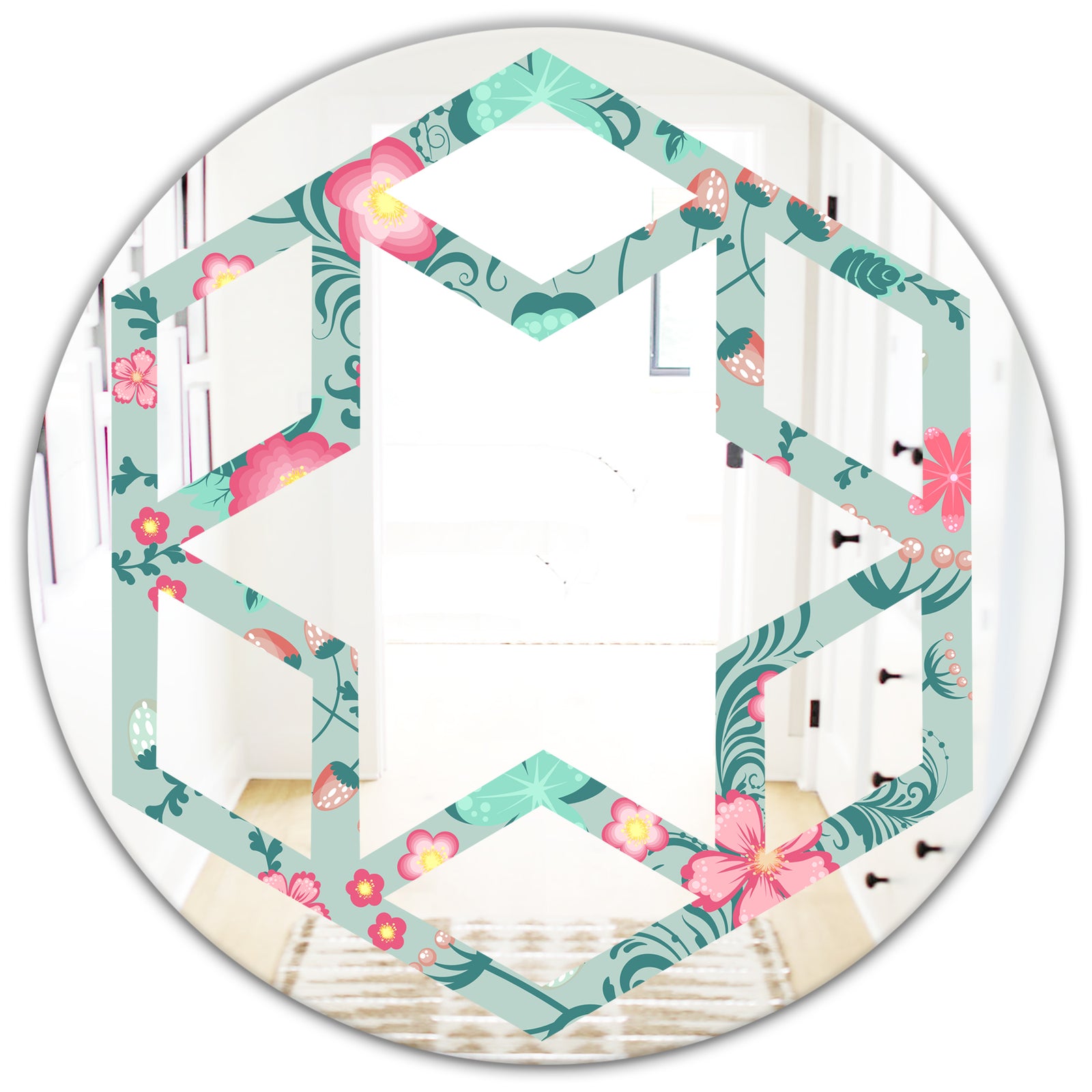 Spring floral pattern in soft pastel colors - Modern Round or Oval Wall Mirror - Hexagon Star