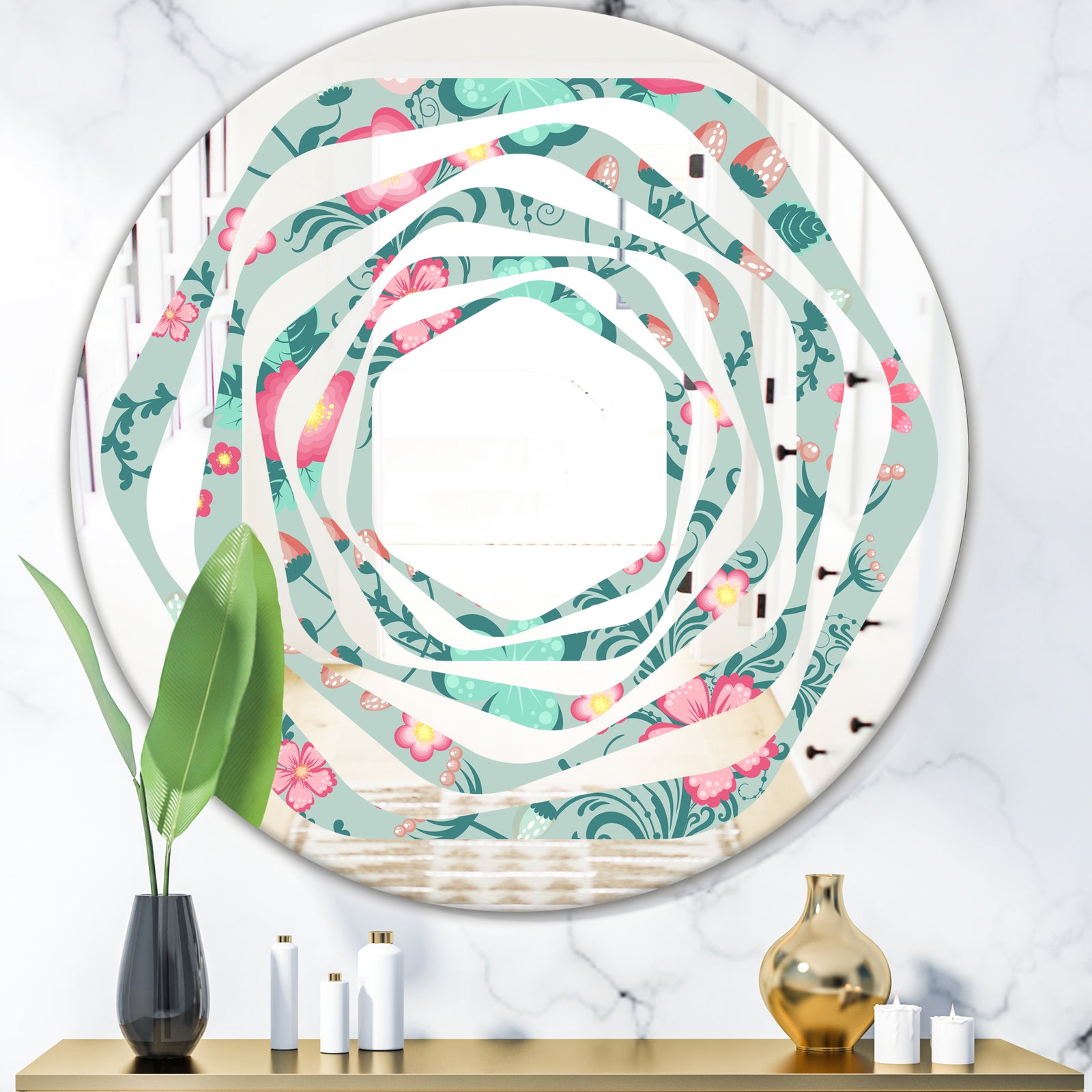 Spring floral pattern in soft pastel colors - Modern Round or Oval Wall Mirror - Whirl