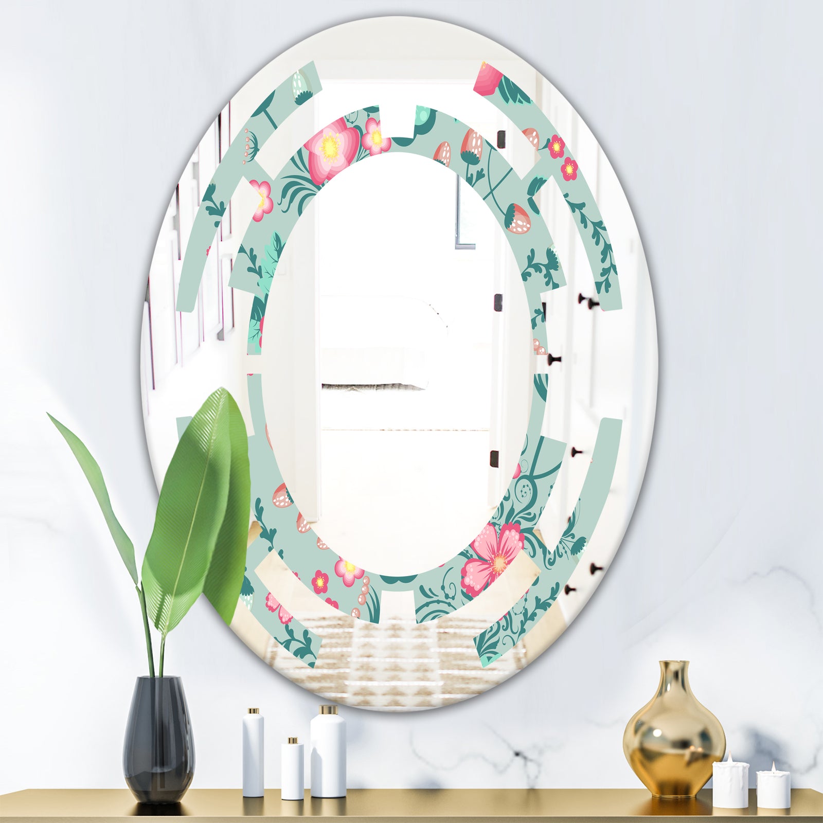 Spring floral pattern in soft pastel colors - Modern Round or Oval Wall Mirror - Space