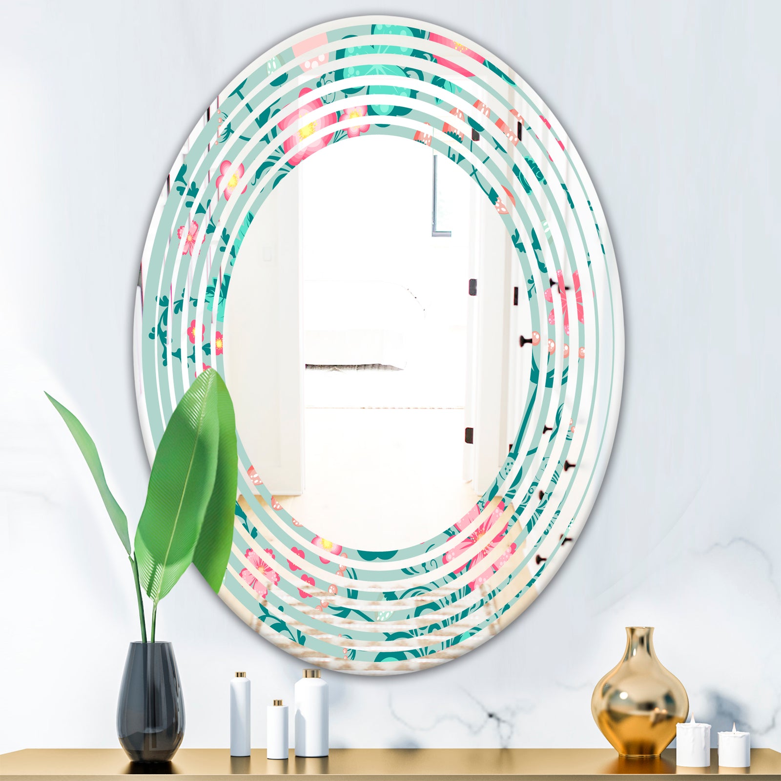 Spring floral pattern in soft pastel colors - Modern Round or Oval Wall Mirror - Wave