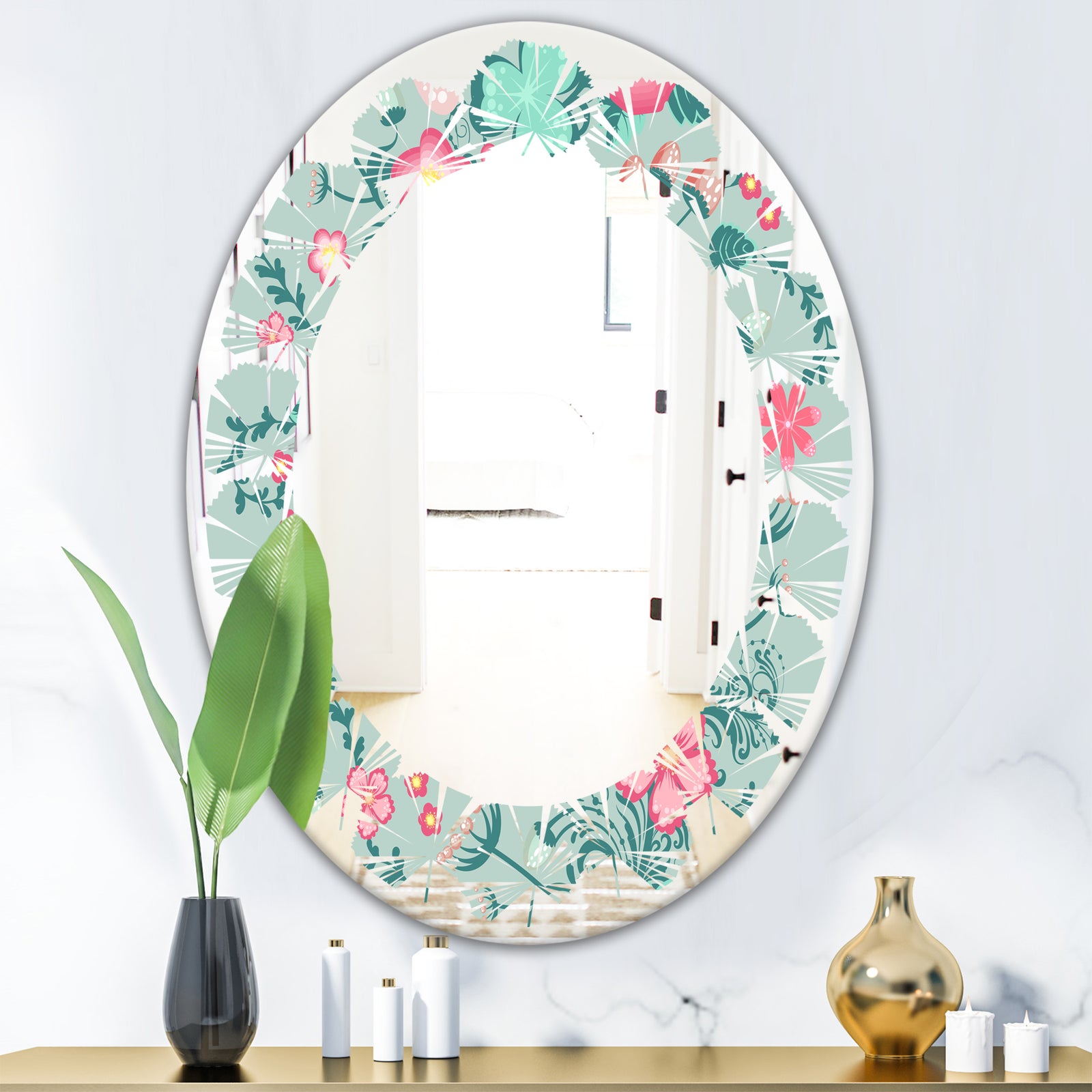 Spring floral pattern in soft pastel colors - Modern Round or Oval Wall Mirror - Leaves