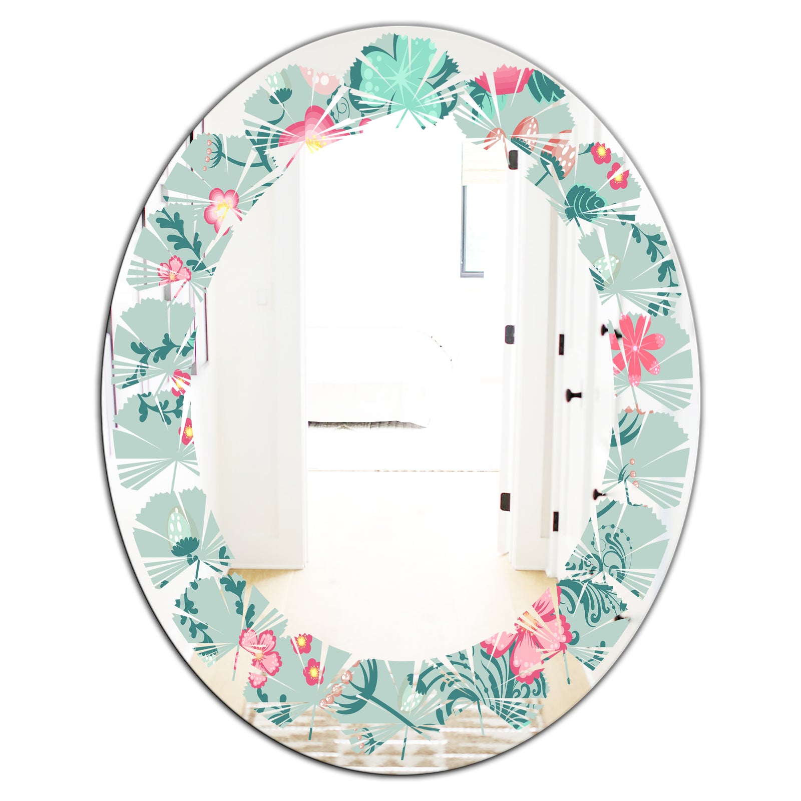Spring floral pattern in soft pastel colors - Modern Round or Oval Wall Mirror - Leaves